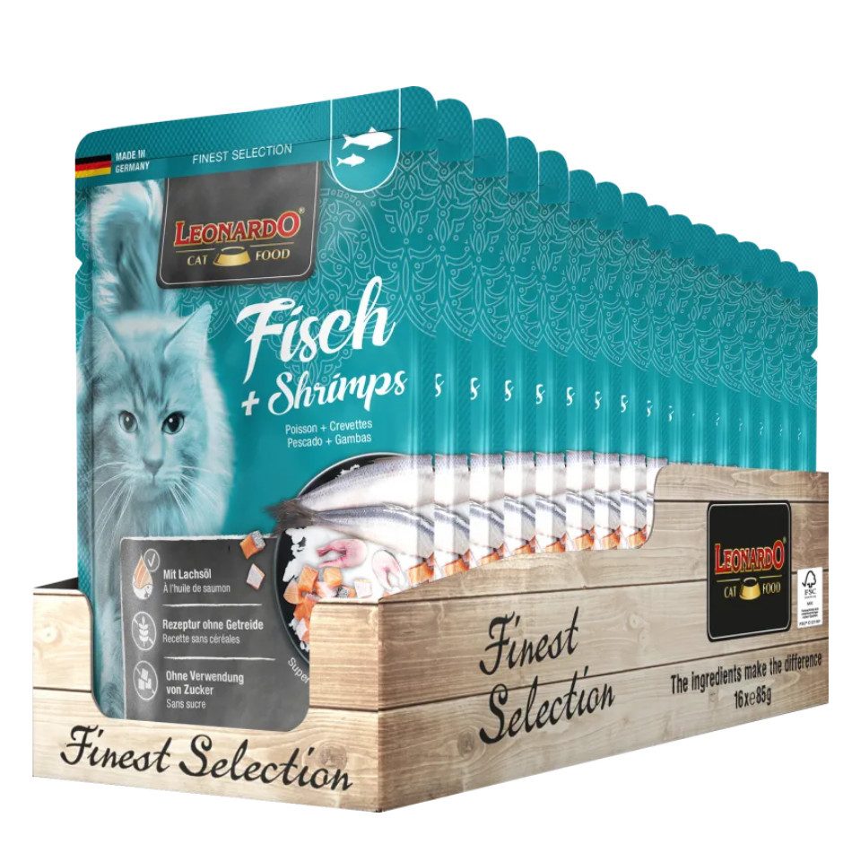 Leonardo Catfood Fisch & Shrimps - getreidefreies Nassfutter reich an Omega-3 16x85g, Nassfutter für: Katzen