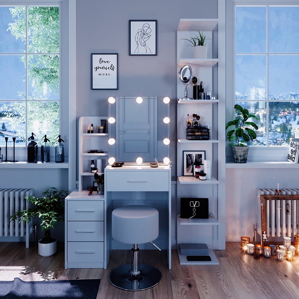 Vicco Schminktisch Conrada, Weiß, 80 cm mit LED Beleuchtung und Hocker günstig online kaufen