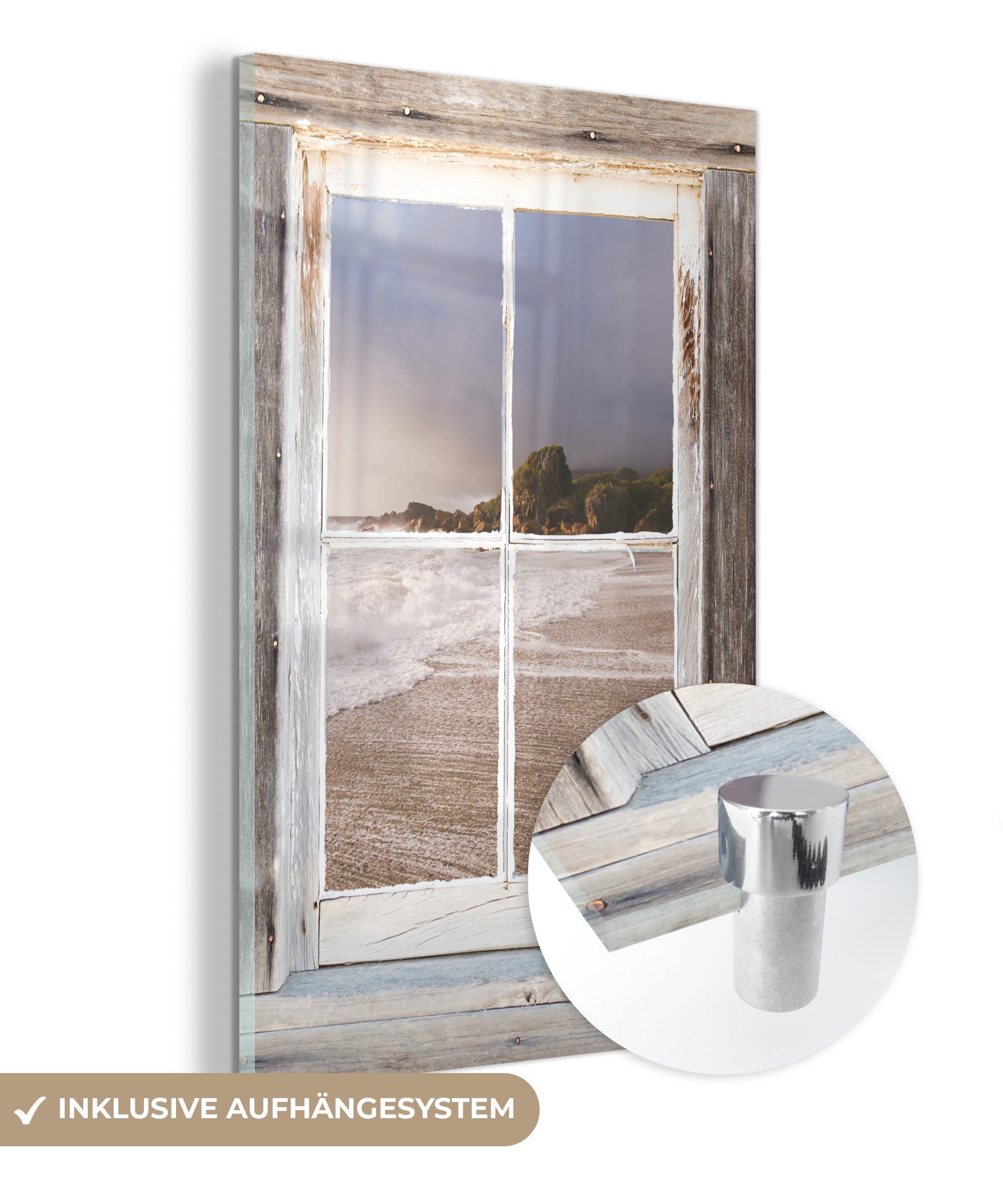 - Durchblick - Foto Strand, auf Glas (1 auf - Glas Wandbild Wanddekoration Bilder Acrylglasbild MuchoWow - Holz St), Glasbilder -