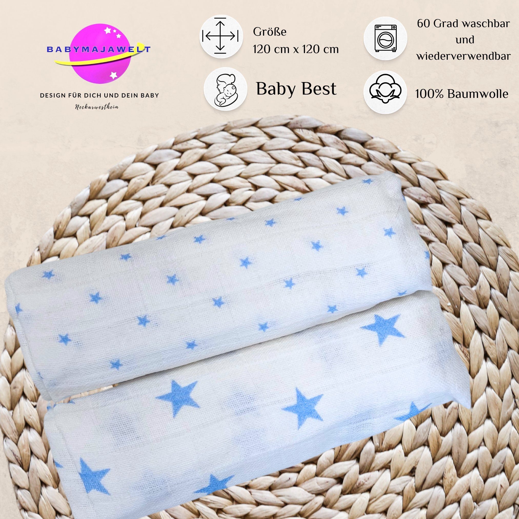 Babymajawelt Stoffwindeln Stilltuch Set "Stars" XXL, Mulltücher 120x120cm, 2er Pack (Packung, 2-St., Starter Set), Made in Europe, Sterne, besonders hautfreundlich und atmungsaktiv