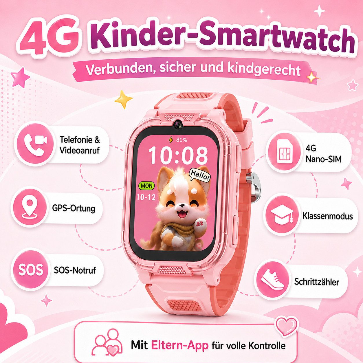 Fyrove Smartwatch Kinder 4G mit GPS, Telefonfunktion, Smartwatch (4.6 cm) Videoanruf und SOS, Kinder Smartwatch mit Eltern-App, Klassenmodus, Schrittzähler und Wecker, Fitnessuhr für Jungen und Mädchen Kinderuhr