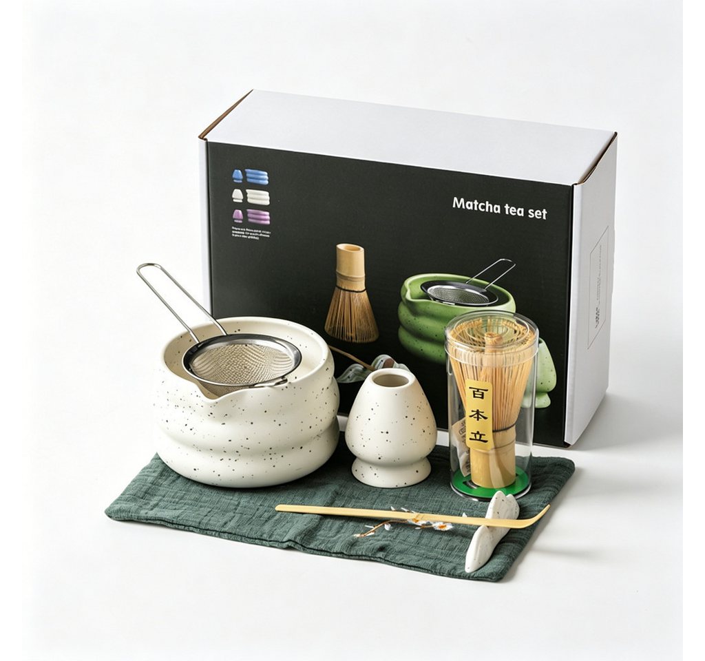Diwzbyn Teeservice Teeservice Matcha Set 7-teilig mit Keramikschale und Bambusbesen, Japanisches Teezeremonie-Set mit Löffel, Sieb, Halter & Geschenkidee