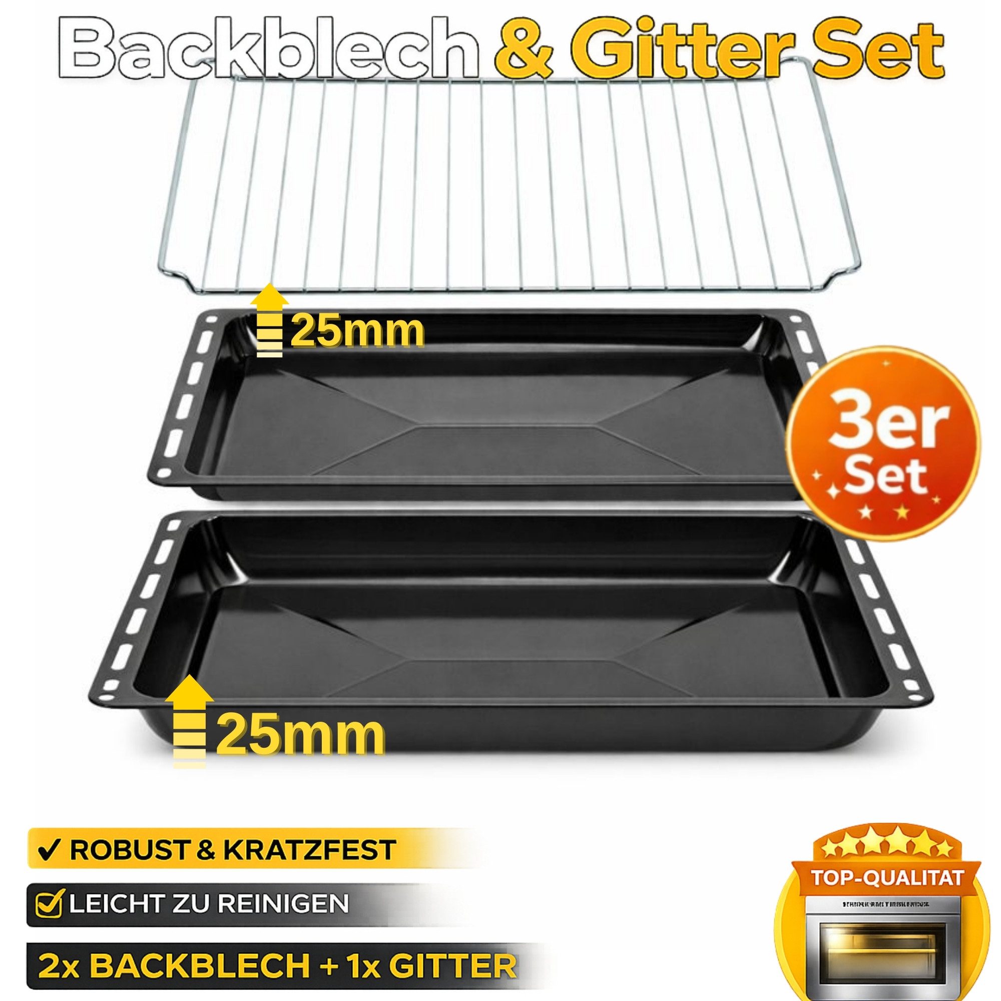 ICQN Backblech 445 x 375 x 25 mm mit Gitter, Emailliert, (Set, 3-St., 2x Fettpfanne und Backofenrost), Kratzfest & Rostfrei, 44,5 x 37,5 cm