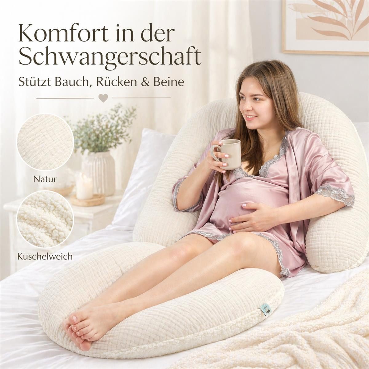 SEI Design Stillkissen XXL 190x35 cm Musselin EPS Mikroperlen Seitenschläferkissen GOTS Taupe, Schwangerschaftskissen mit Bezug, Schwangerschaftskissen mit Bezu – Bild 4 von 5