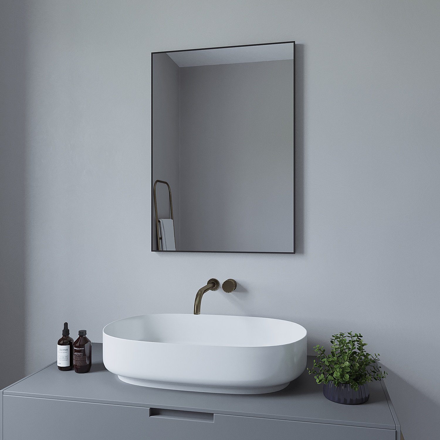 AQUALAVOS Spiegel Wandspiegel Alu-Rahmen 70x50 80x60 100x60cm Vollrahmen in Schwarz matt, ohne Beleuchtung Ultraflaches Design Vertikal /Horizontal möglich