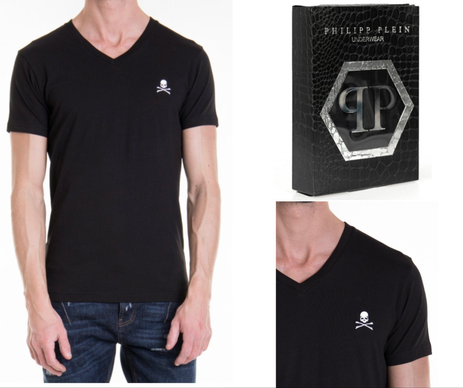 PHILIPP PLEIN T-Shirt PHILIPP PLEIN SKULL STRETCH V-NECK SLIM T-SHIRT TOTENKOPF UNDERWEAR SH