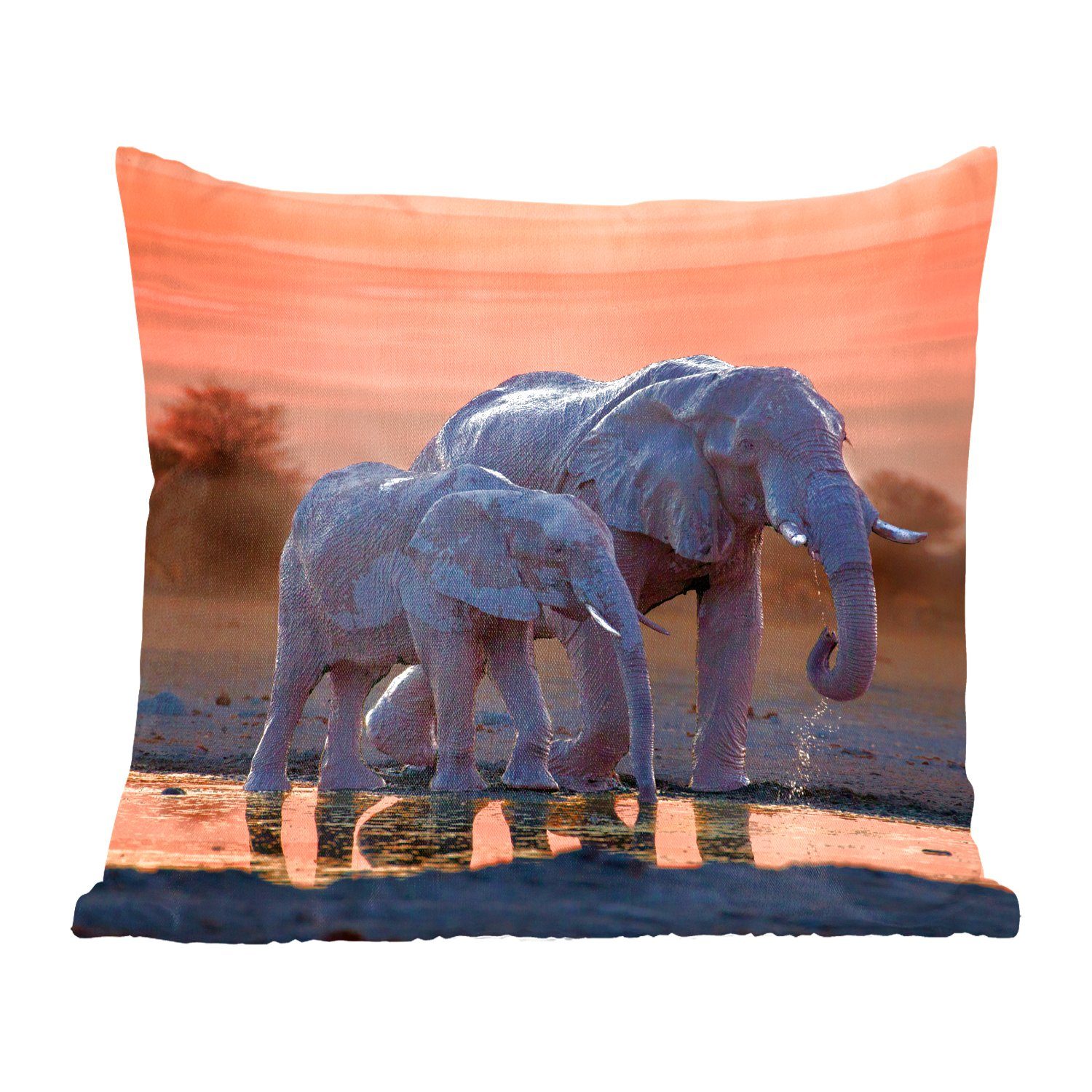MuchoWow Dekokissen Elefant - Tiere - Sonnenuntergang - Wasser - Orange, Zierkissen mit Füllung für Wohzimmer, Schlafzimmer, Deko, Sofakissen