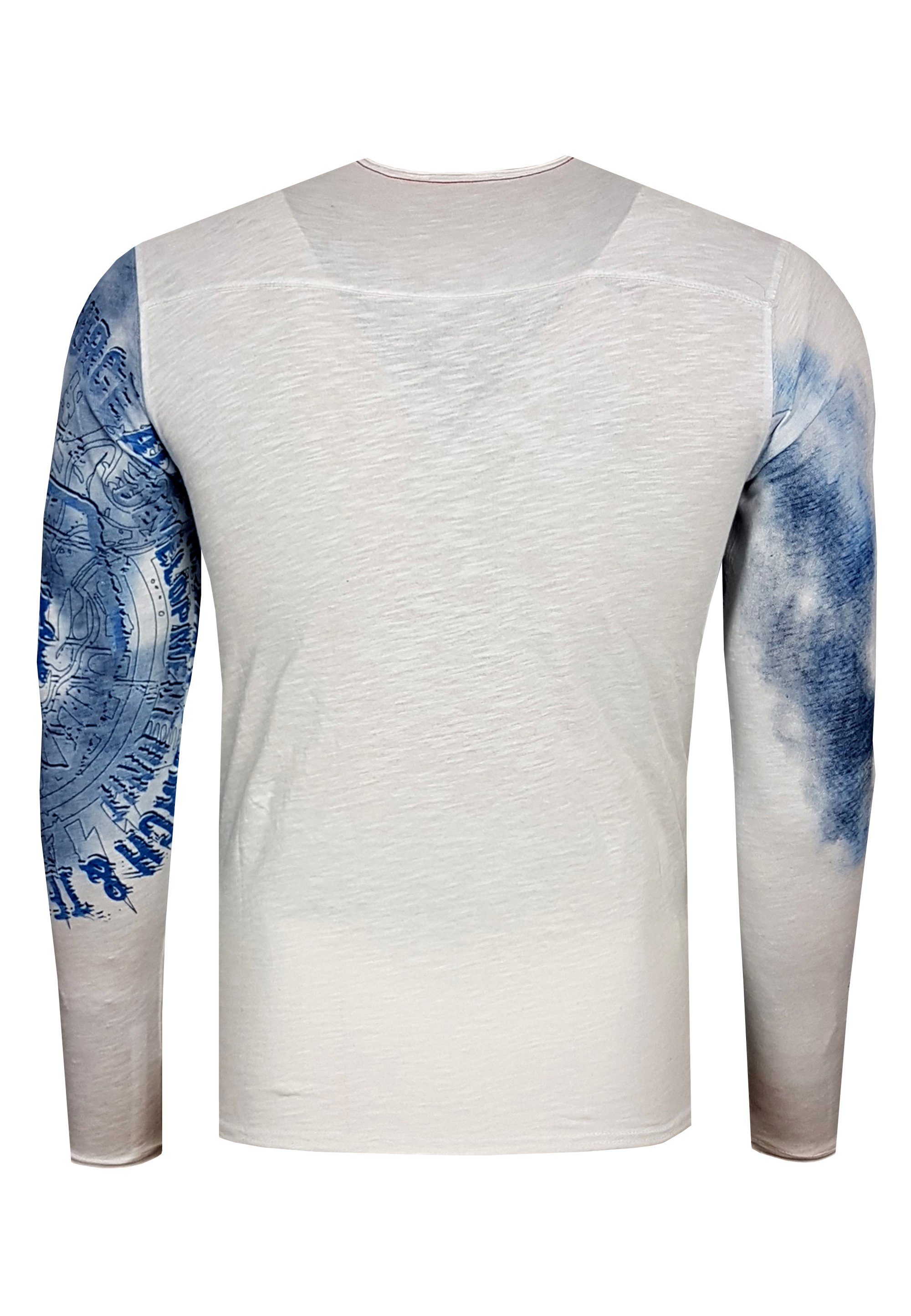 weiß-blau Frontprint Langarmshirt mit coolem Neal Rusty