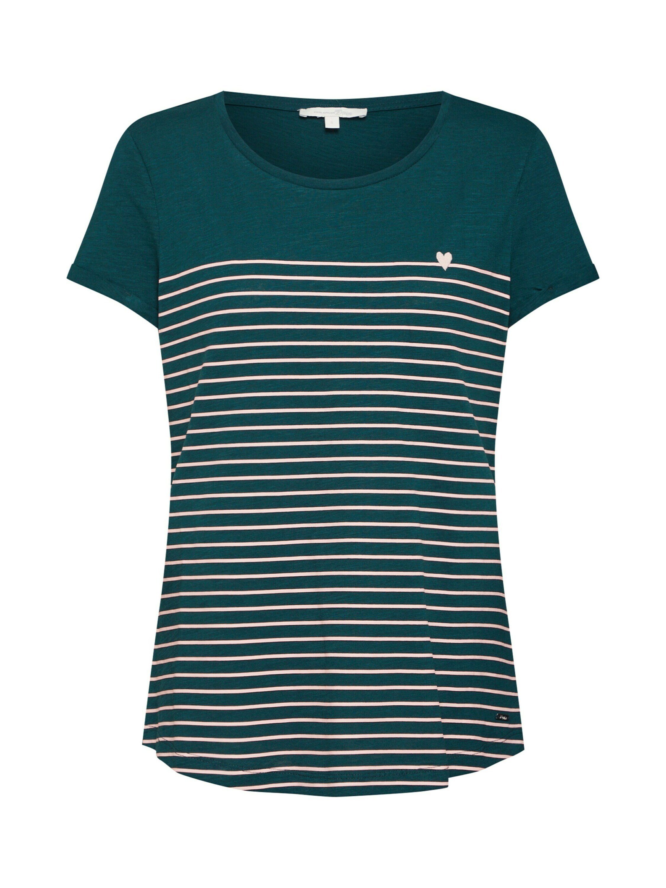 TOM TAILOR Denim T-Shirt (1-tlg) stripe Details green rose Stickerei, Plain/ohne