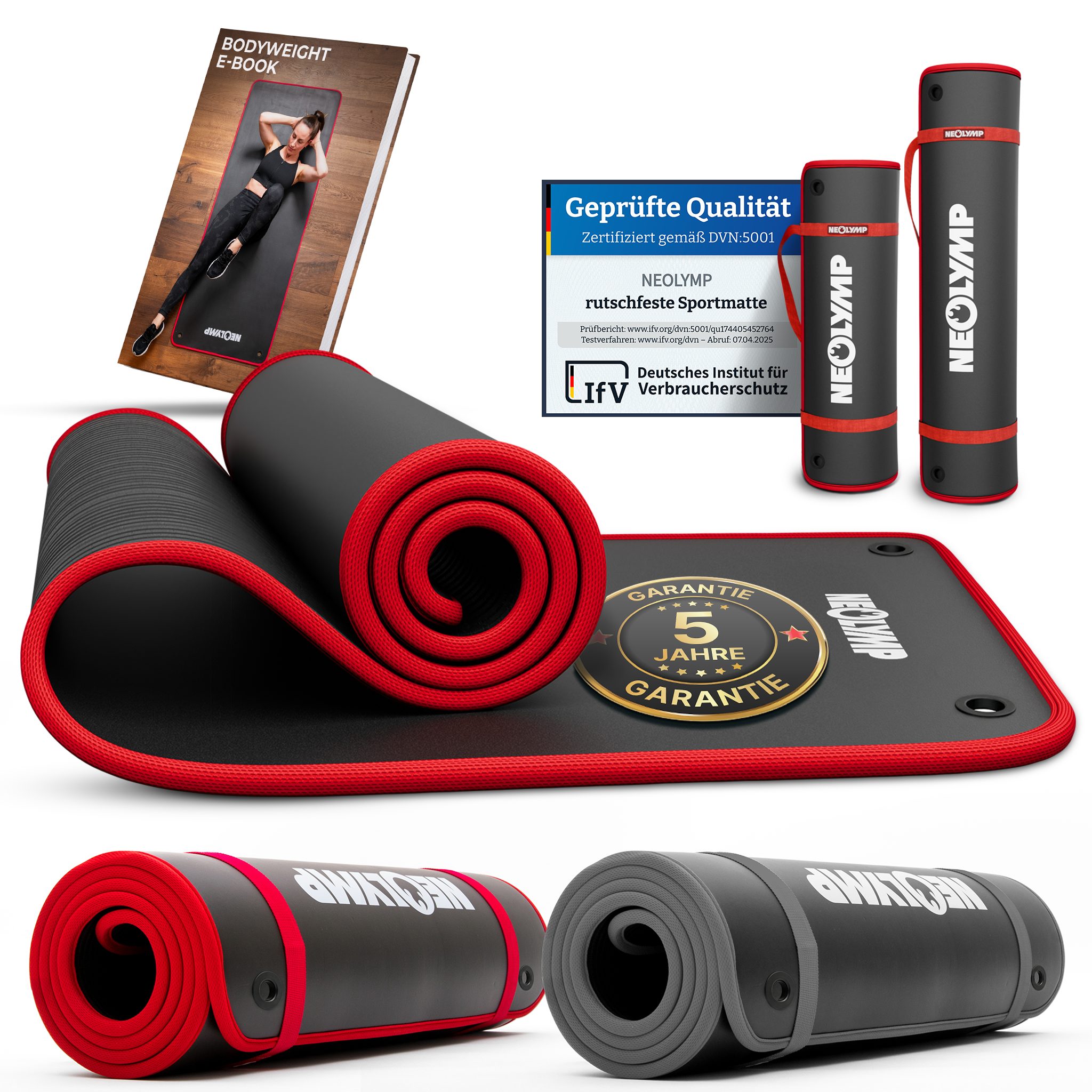 NEOLYMP Fitnessmatte extra dicke Fitnessmatte rutschfest mit Aufhänge-Ösen (Fitnessmatte mit Aufhänge-Ösen inkl. Tragegurt & E-Book), Yogamatte inkl. Tragegurt & E-Book – Gymnastikmatte - Sportmatte