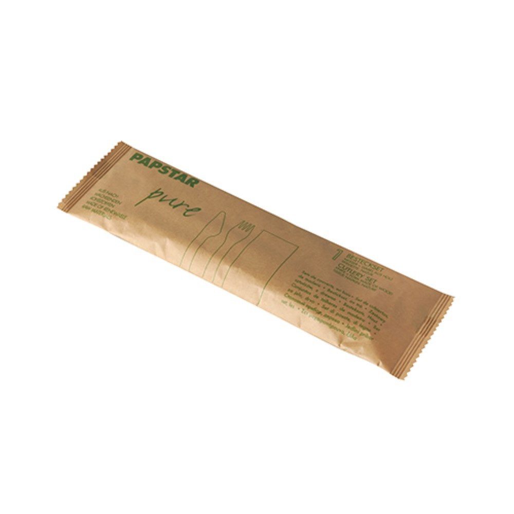 PAPSTAR Einwegbesteck-Set Besteckset Holz "pure" natur: Messer, Gabel, Serviette in Papierbeutel