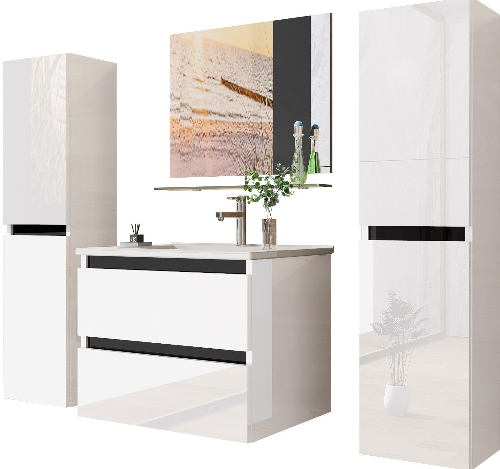 inter Badmöbel-Set Kairo inkl. Waschtisch und Spiegelschrank, (60 cm, Weiß mit Spiegel, Ablage, Unterschrank und Becken), Hochglanz