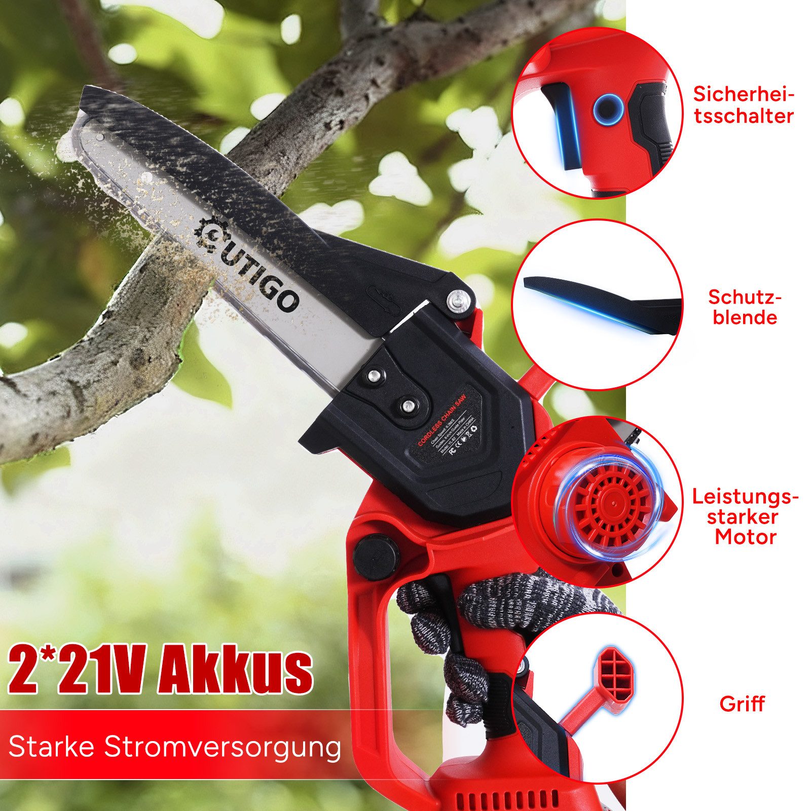 OUTIGO Akku-Kettensäge 8 Zoll Elektro-Kettensäge 800W Bürstenloser Handkettensäge, 22 cm Schwertlänge, 2*4 AH akkus, 3 Führungsstange+4 Sägekette, 800W, 3 Führungsstange, 4 Sägekette, Bürstenlosen Motor