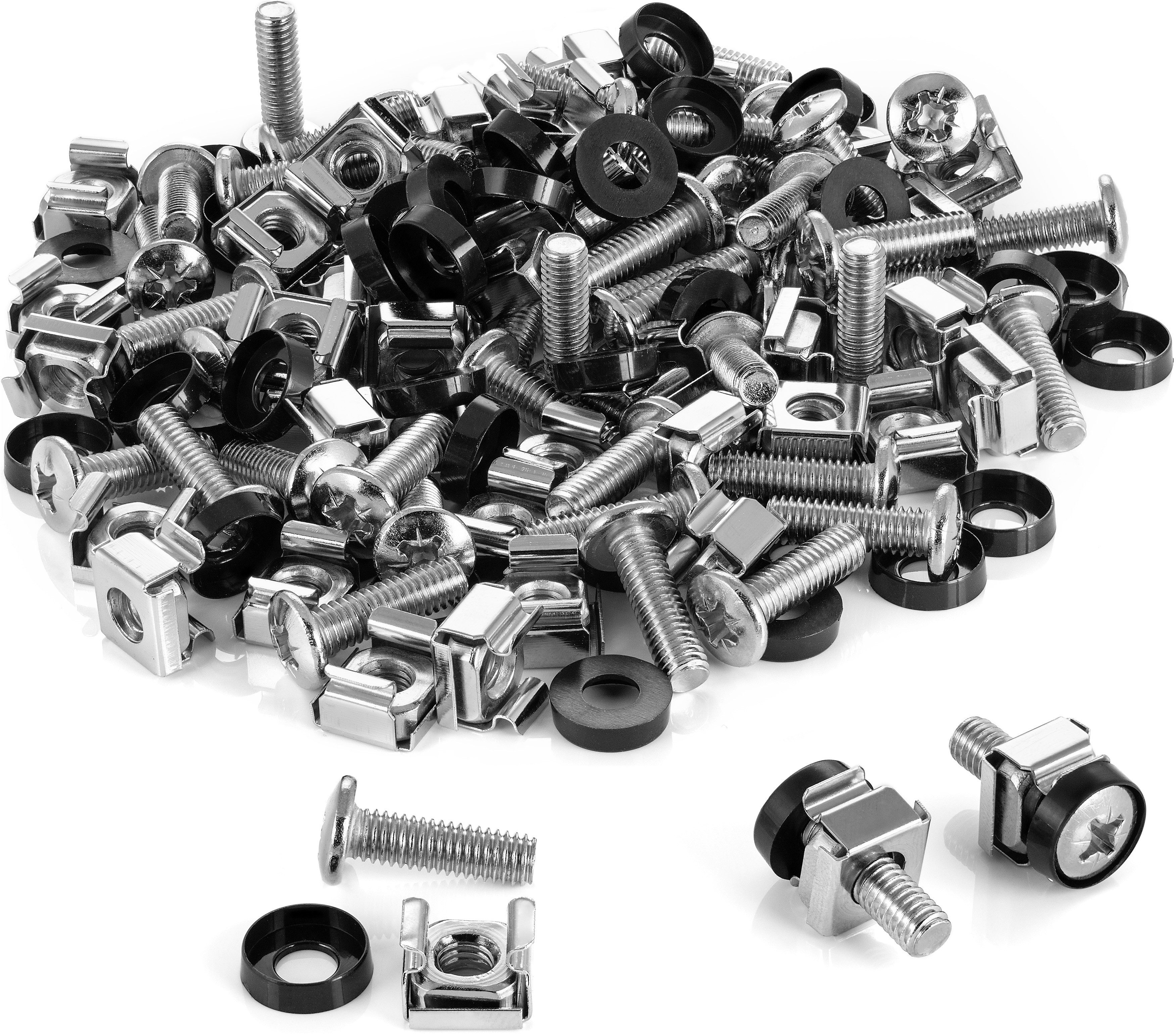 Poppstar Schrauben-Set Rack-Schrauben & Käfigmuttern M6 x 20mm für 10“ / 19“ Netzwerkschränke, (100 St), Serverschrank-Schrauben inkl. Unterlegscheiben