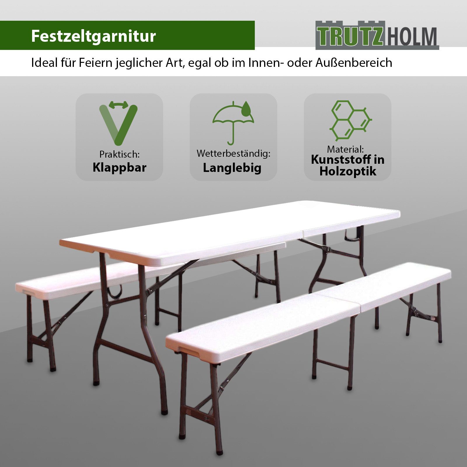 TRUTZHOLM Bierzeltgarnitur Bierzeltgarnitur 3 teilig weiß Festzeltgarnitur 180x75cm klappbar, (Set, 3-tlg)