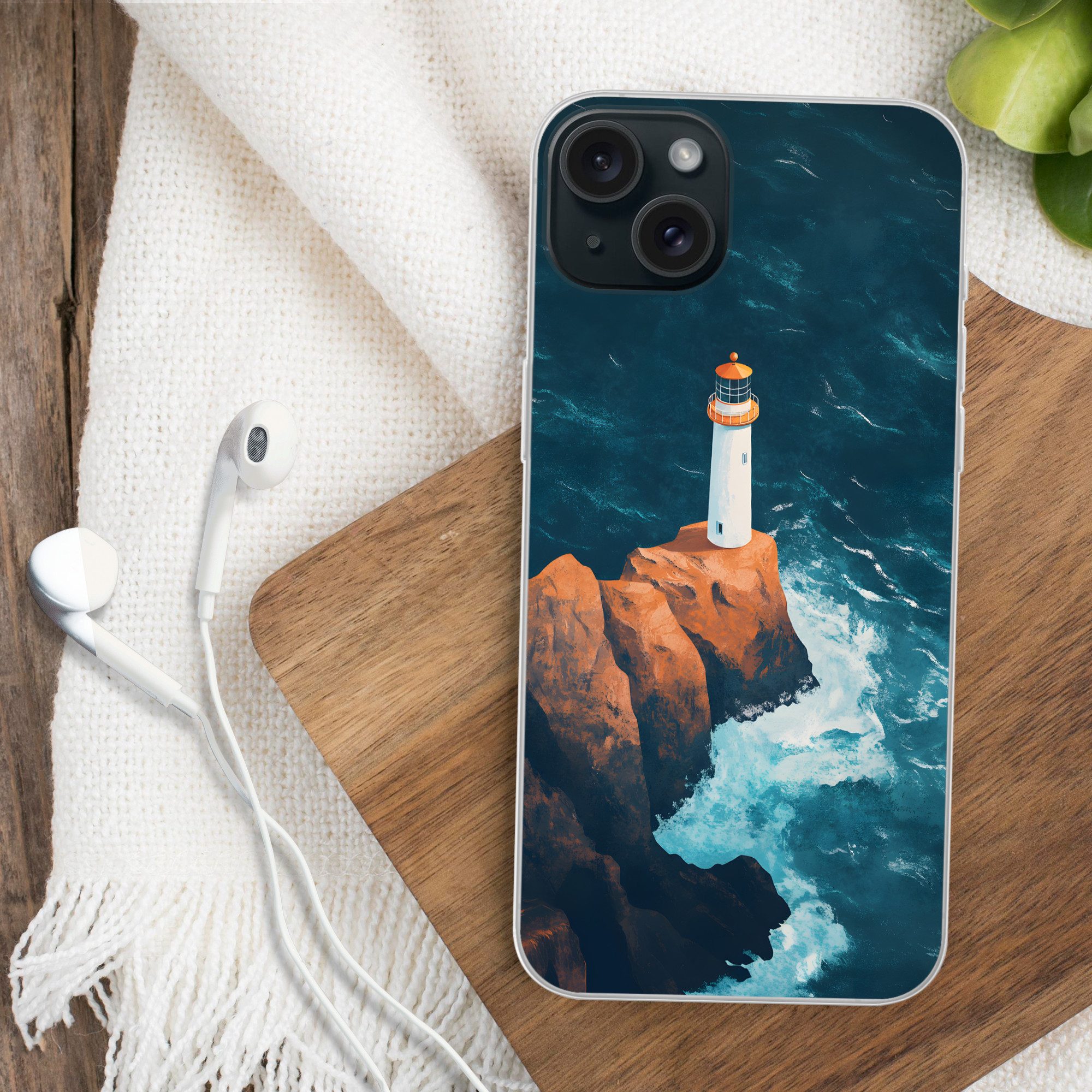 MuchoWow Handyhülle für Apple iPhone 15 Plus Leuchtturm - Felsen - Meer - Wellen, Smartphone-Bumper, Print, Handy Schutzhülle Dünn