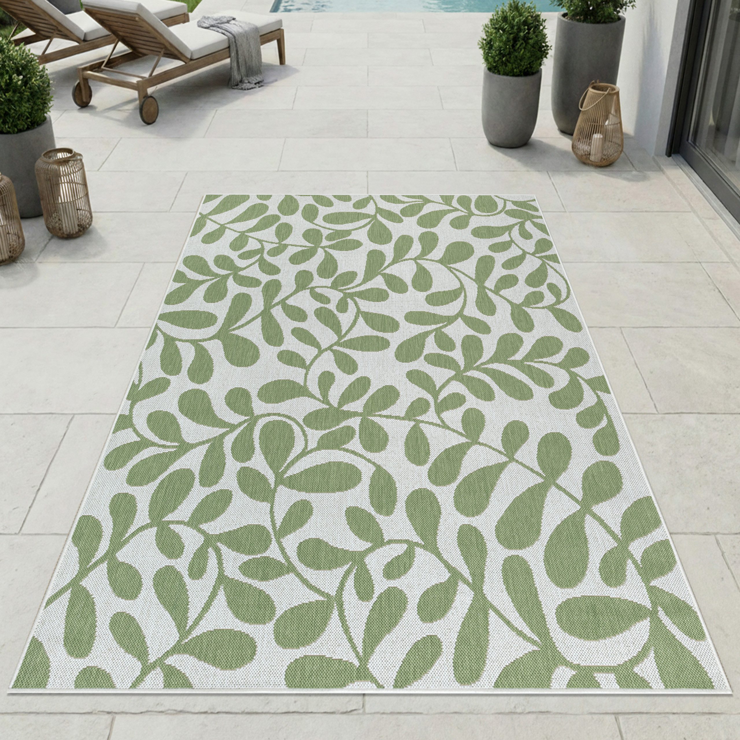 Carpetia Outdoorteppich Moderner Outdoor Teppich Grün Weiß Blätterdesign Terrasse, rechteckig