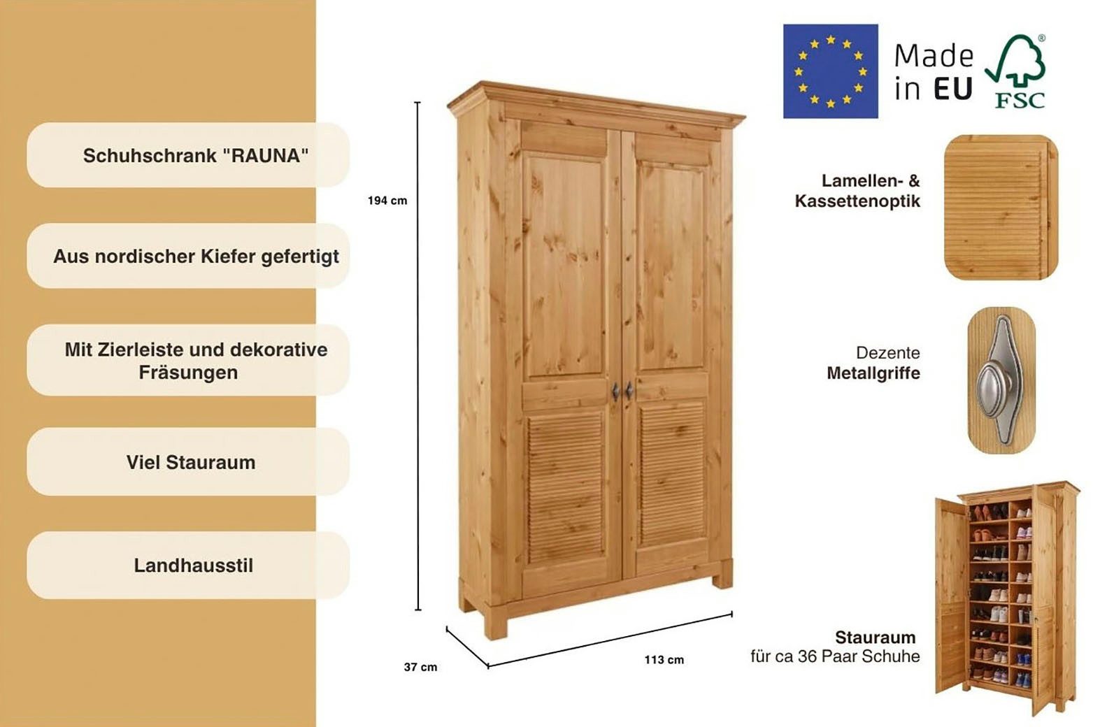 OTTO home Schuhschrank Rauna aus massiver Kiefer, viel Stauraum