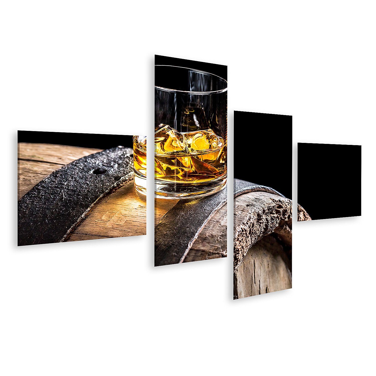 Leinwandbild Bild auf Leinwand Glas Whisky Mit Eis Auf Alten Eichenfass Wandbild L