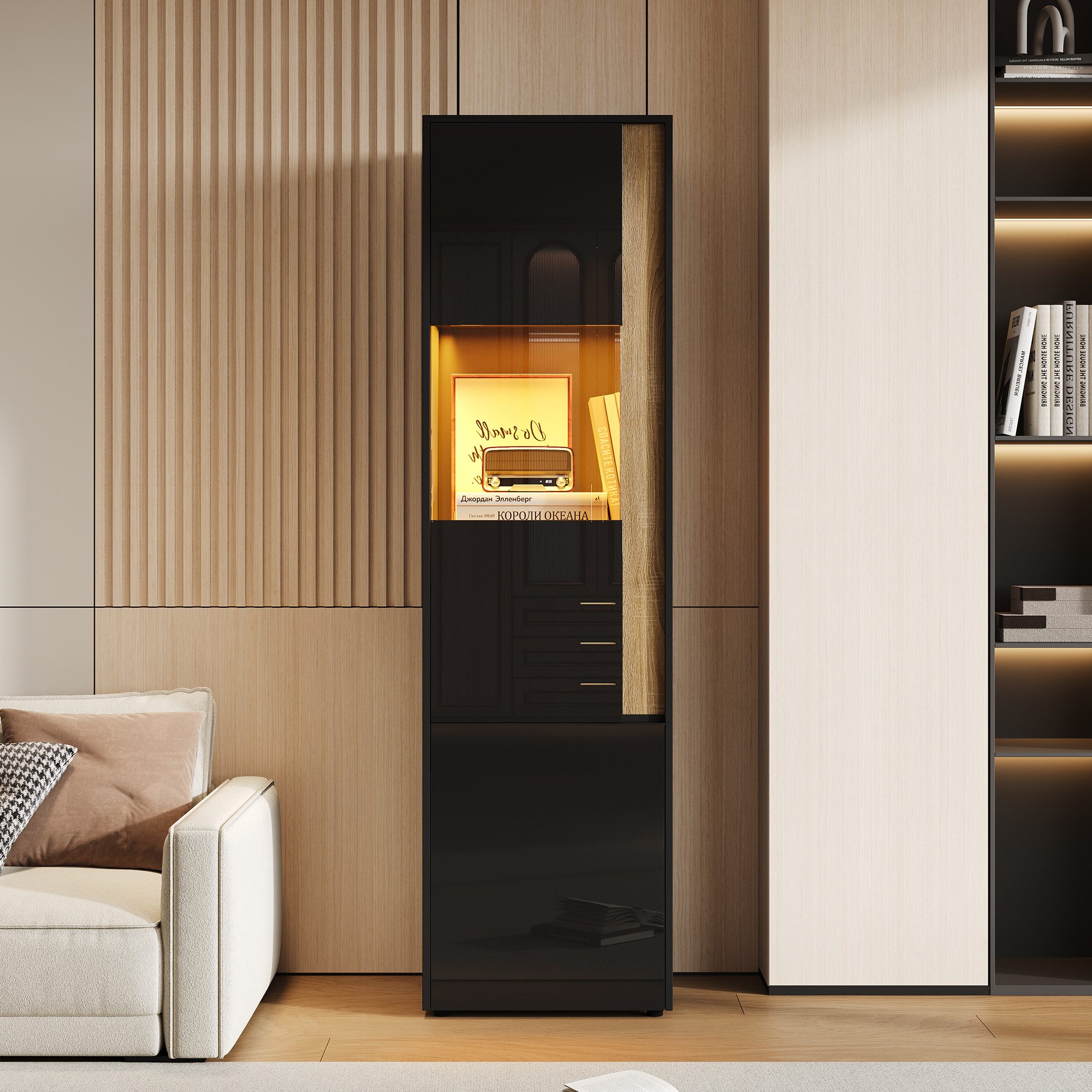 Celya Vitrine 50 x 40 x 179 cmAufbewahrungsmöbel, hoher Schrank mit LED-Beleuchtung (2 Türen (eine davon aus Acryl) für Wohnzimmer, Büros und Küche)