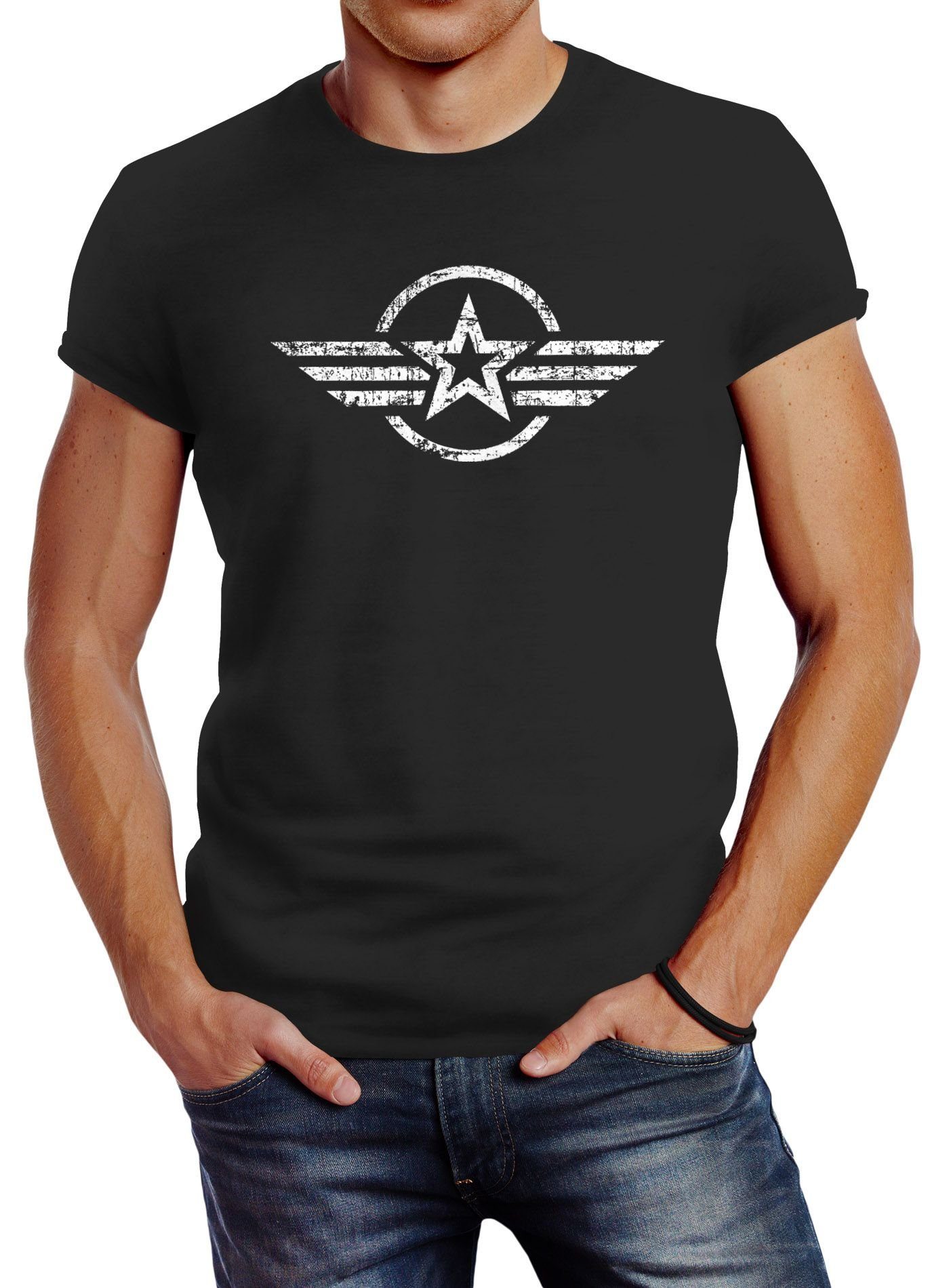 Neverless Print-Shirt Neverless® Herren T-Shirt Airforce Aufdruck Emblem Fashion Streetstyle mit Print schwarz