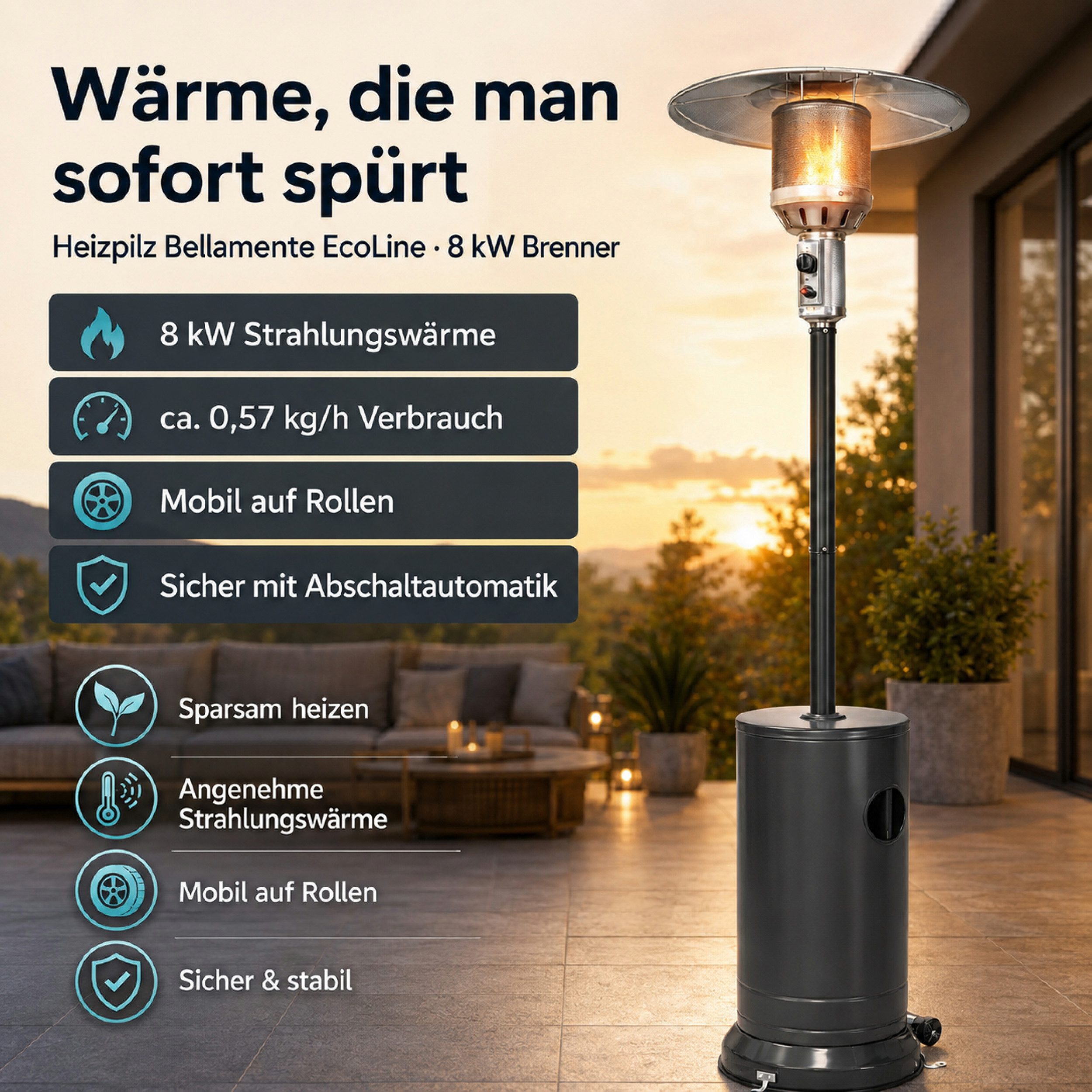 APANA Heizstrahler Eco Heizpilz Gasheizer Terrassenheizstrahler Gas Heizstrahler Garten, Inklusive Transportrollen Umkippsicherung und Abschaltautomatik – Bild 2 von 5