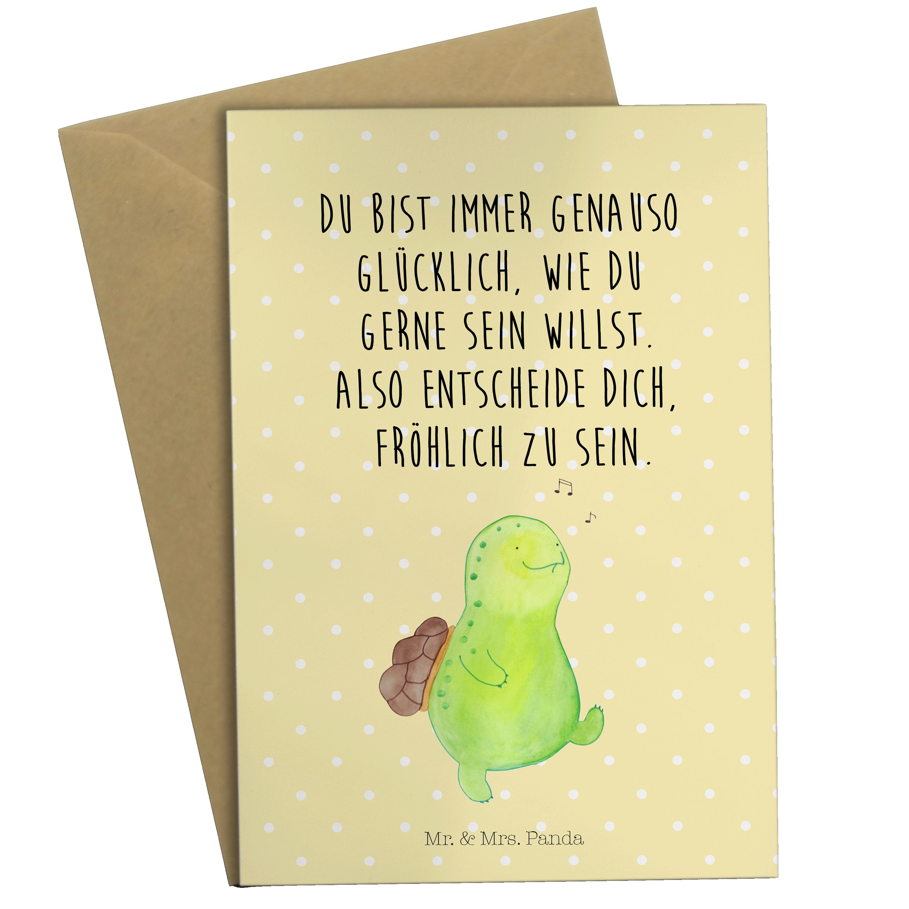 Mr. & Mrs. Panda Grußkarte Schildkröte pfeift - Gelb Pastell - Geschenk, Einladungskarte, Neuanf