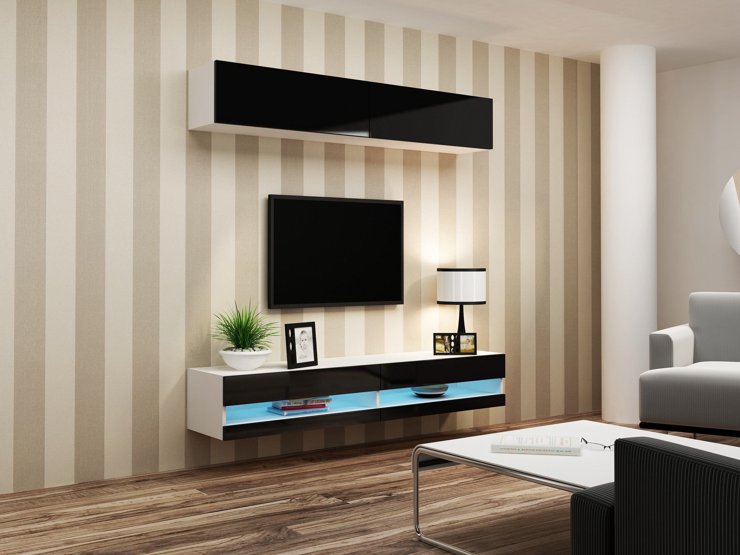 Stylefy Wohnwand Vago N X, (Set (3-St), Wohnmöbel, Wohnzimmer-Set), bestehend aus 1xLowboard und 2xHängeschrank, Hochglanzfronten, mit Push-to-Open, inkl. LED-Beleuchtung Weiß/Schwarz