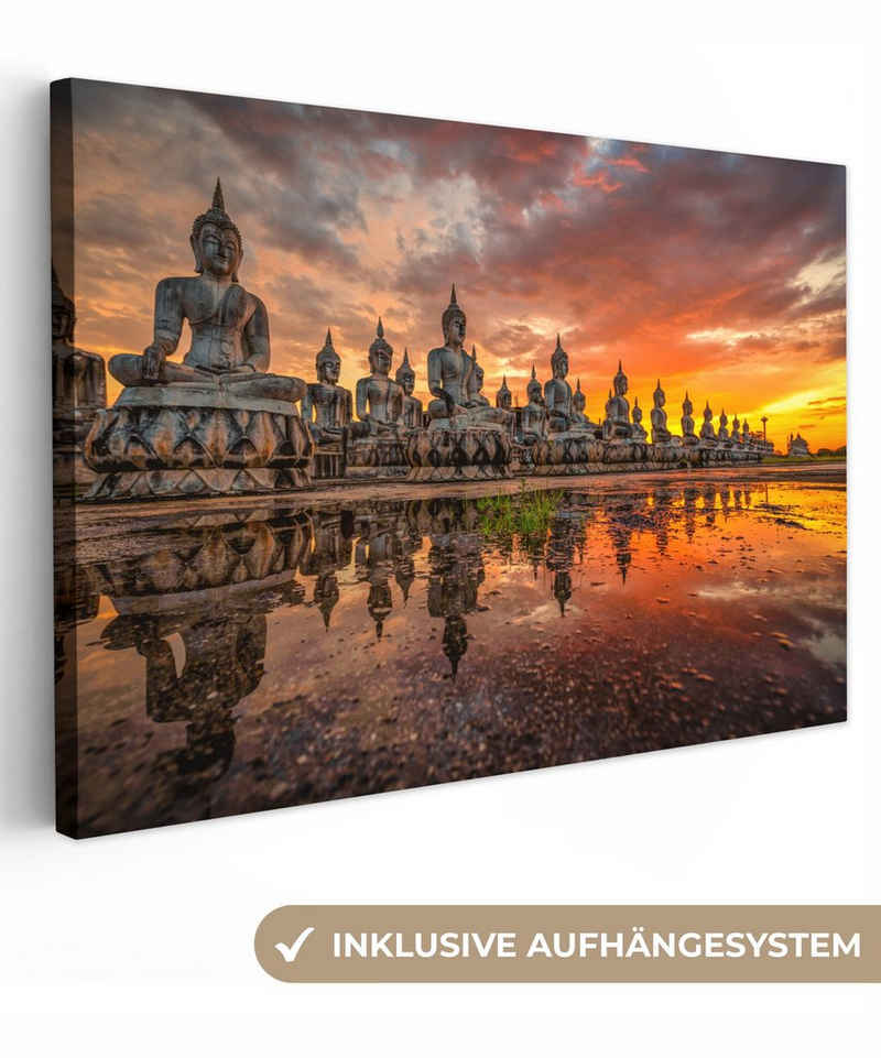 OneMillionCanvasses® Leinwandbild Buddha-Statuen - Sonnenuntergang - Wasser - Buddhismus, (1 St), Wandbild Leinwandbilder, Aufhängefertig, Wanddeko, 30x20 cm