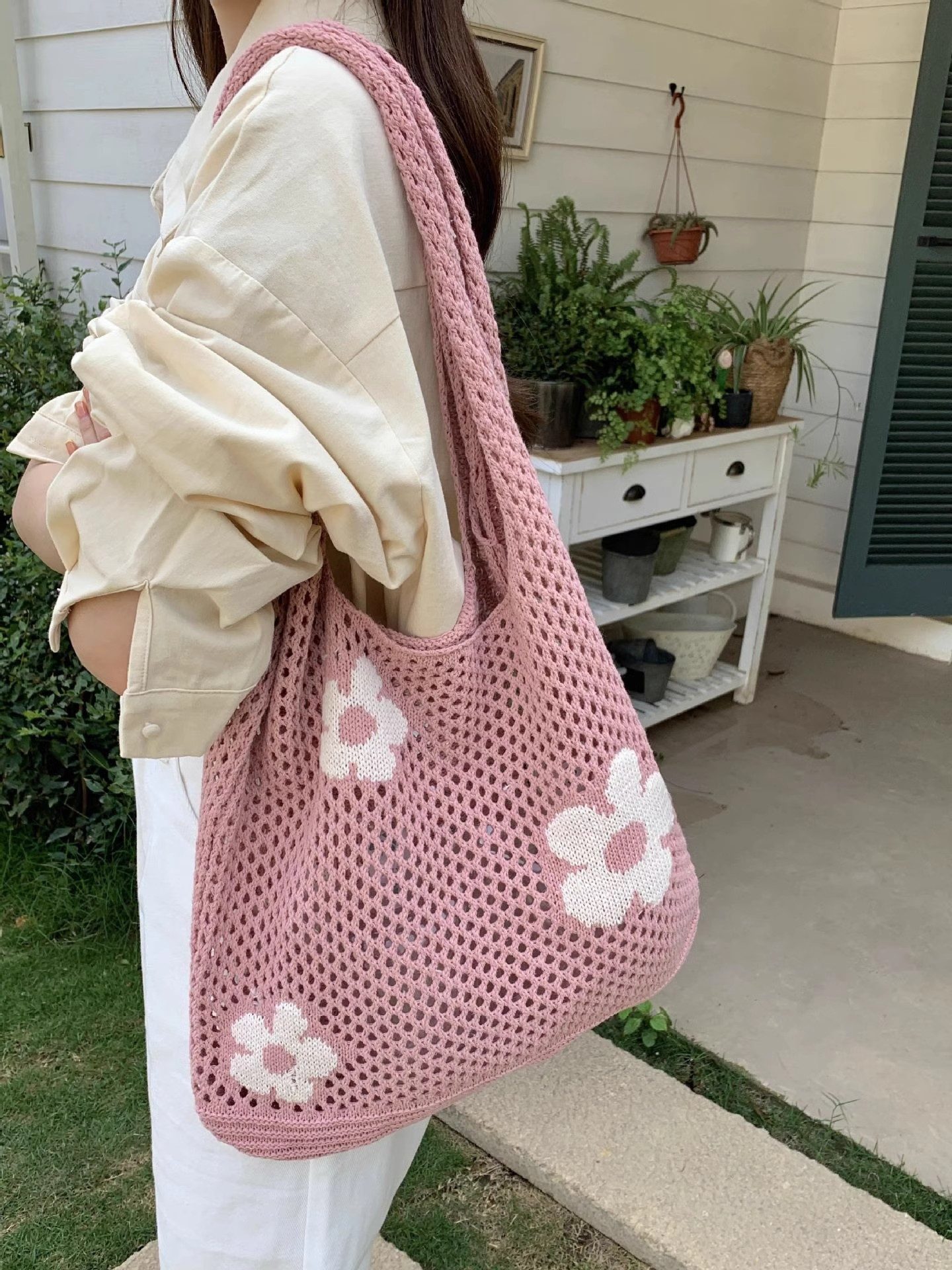 Zaewry Schultertasche Gestrickte Schultertasche mit Blumenmuster, gehäkelte Tote Bag, Strandtasche, geflochtene Schultertasche, Einkaufstasche – Bild 5 von 5