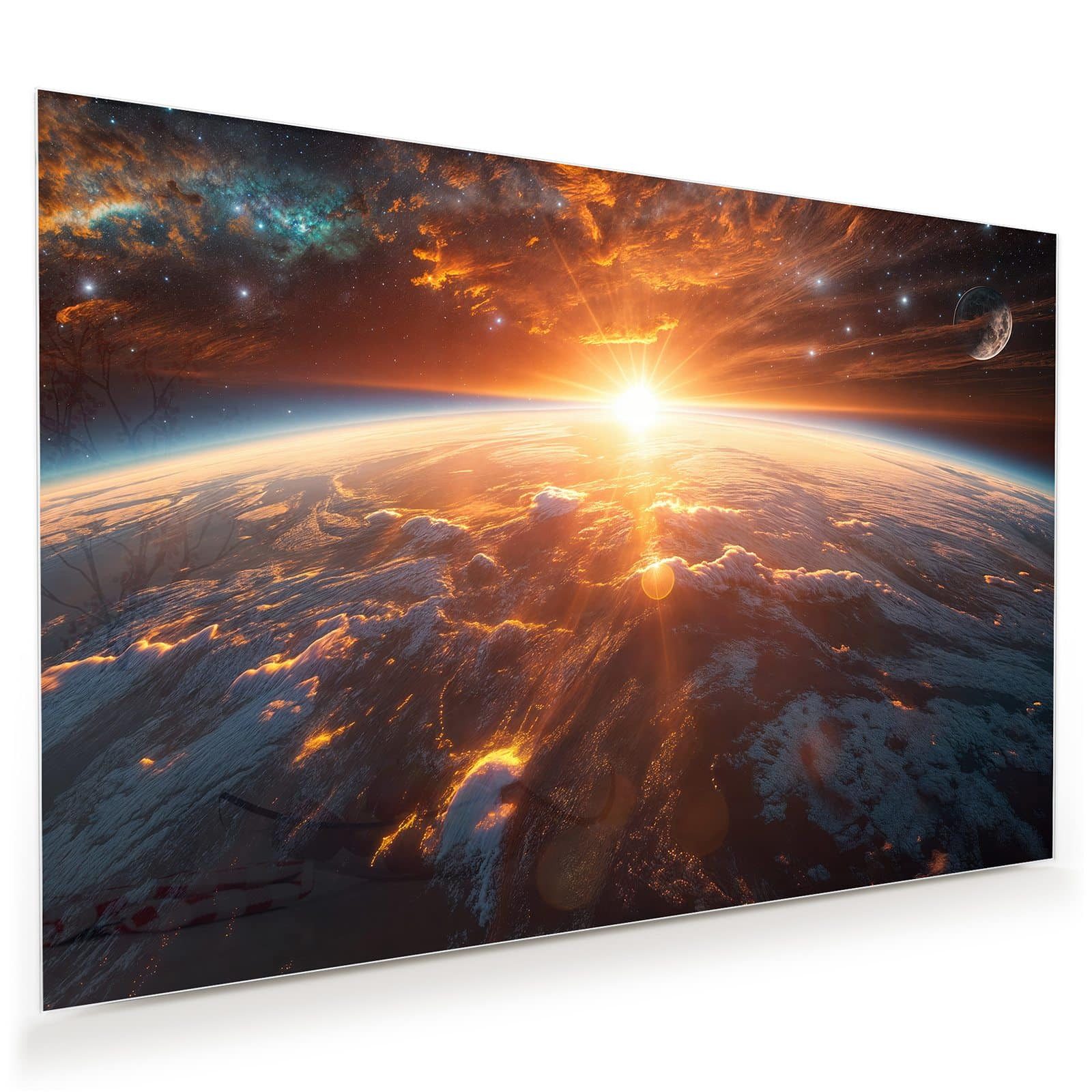 Primedeco Glasbild Wandbild Sonnenaufgang Erde mit Aufhängung, Universum & Galaxien (21 verschiedene Größen, 1 St), Elegante Aufhängung