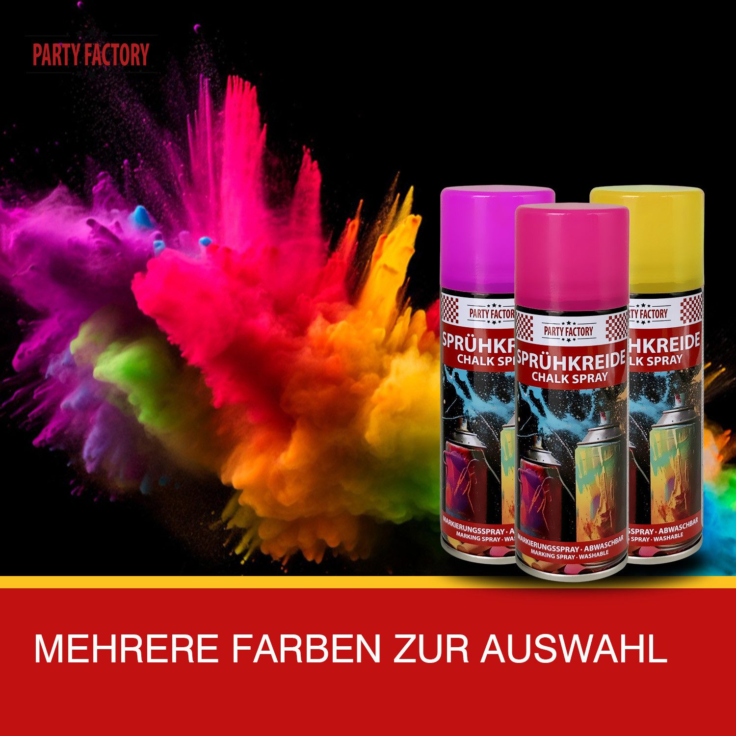 Party Factory Kreidespray Sprühkreide 100 ml – Abwaschbares Kreidespray in 6 Farben Markierungen, für Sport, Events, Spiele und kreative Outdoor-Projekte
