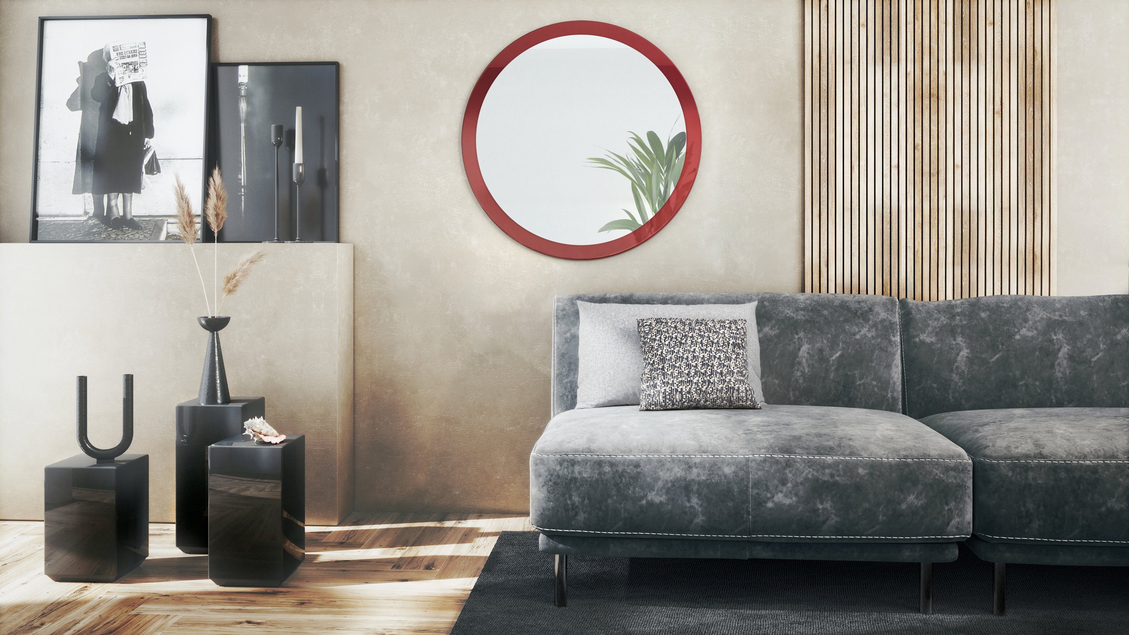 Vladon Wandspiegel Globe 80 (dekorativer runder Spiegel, für Flur und Wohnzimmer mit MDF-Rahmen), in Bordeaux Hochglanz (80 cm Durchmesser)