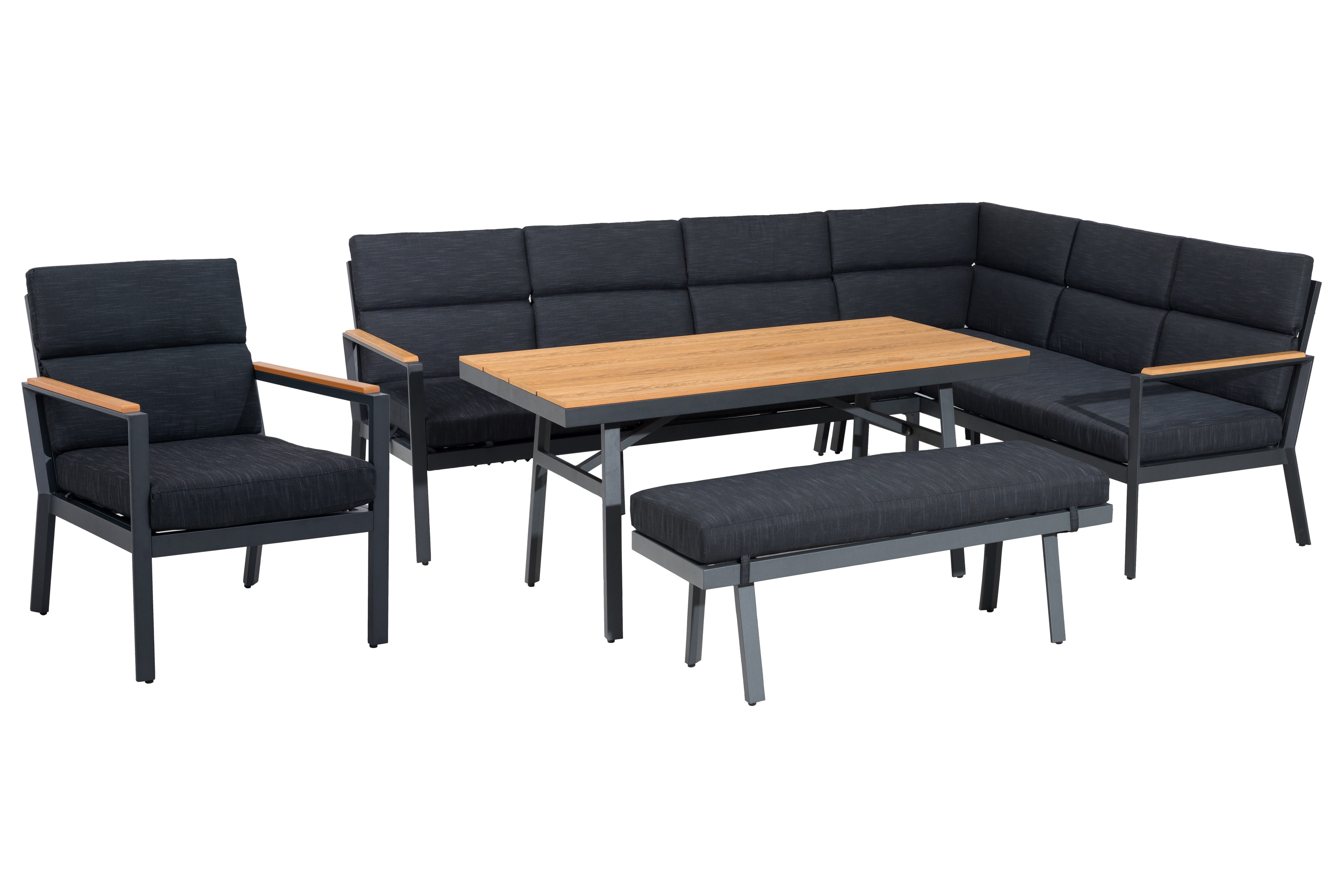 Gardissimo Gartenlounge-Set Nara XL braun rechts / Gartenmöbelset / Dining Lounge Set outdoor, (Set, 4-tlg., Alu, Ecklounge, Esstisch, Sessel, Bank, inkl. Auflagen), Liegefunktion