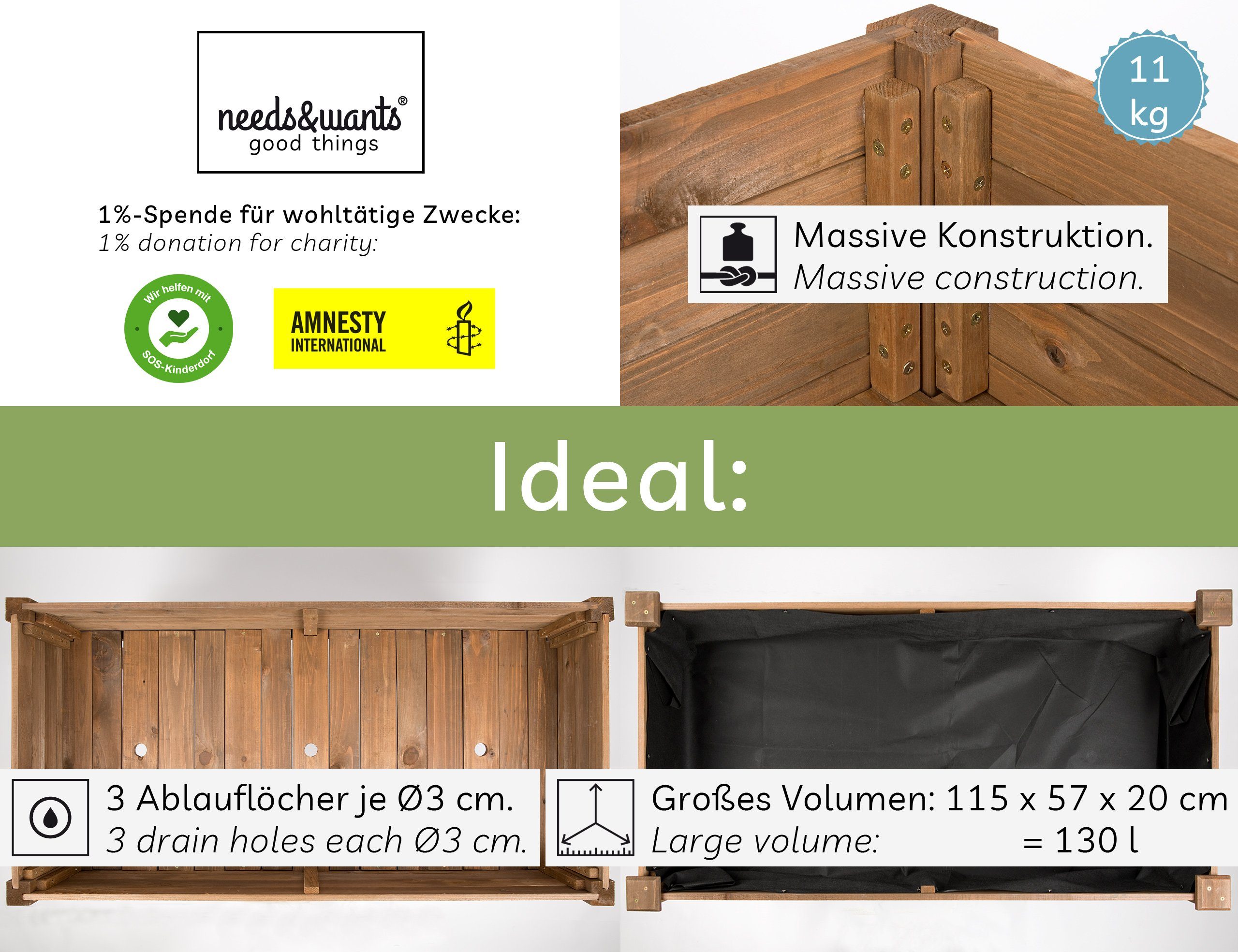 needs&wants® Hochbeet aus Holz für Garten Balkon Terrasse groß, Pflanzkasten Kräuterbeet XL, Bausatz rechteckig schmal mit Vlies-Folie Pflanzenkasten deko, dunkel