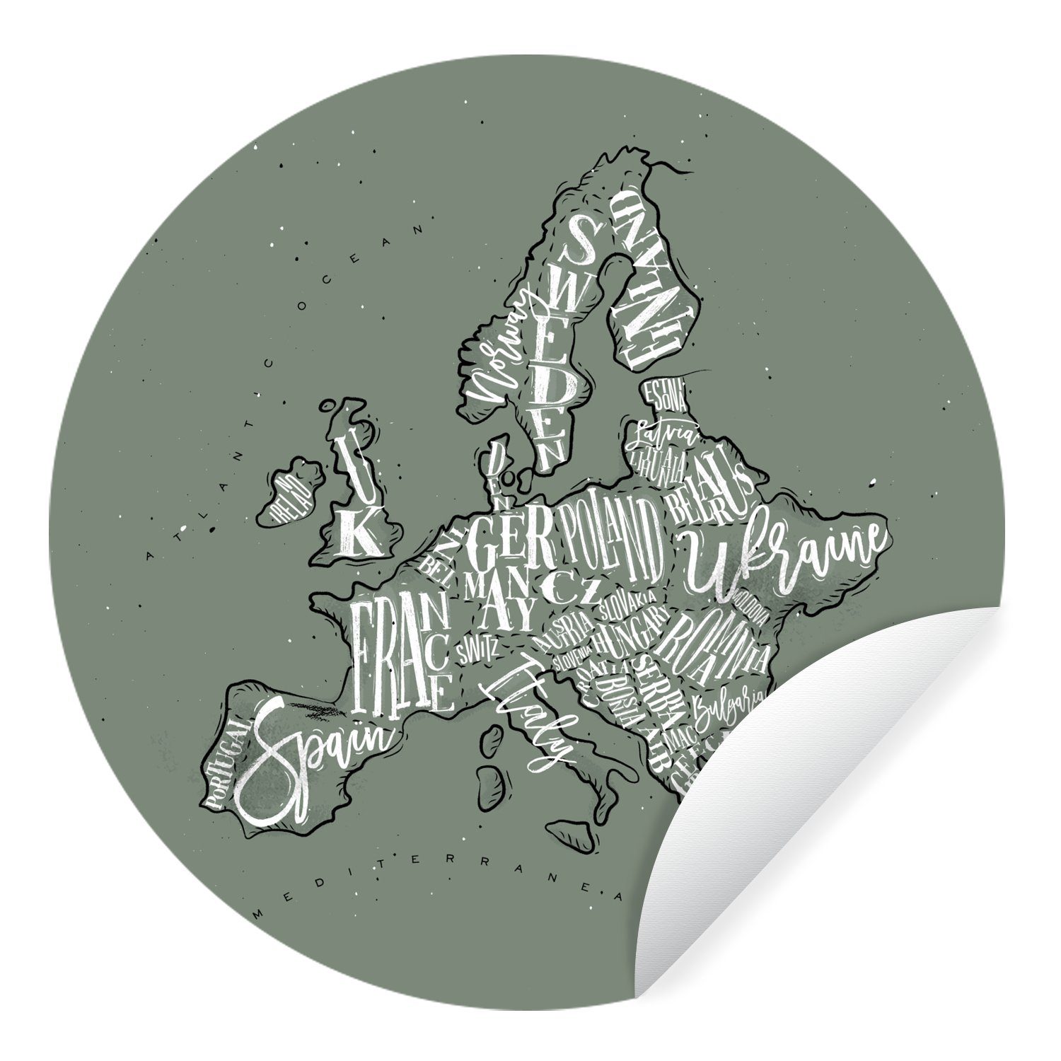 MuchoWow Wandsticker Karte - Europa - Grau - Buchstaben (1 St), Tapetenkreis für Kinderzimmer, Tapetenaufkleber, Rund, Wohnzimmer
