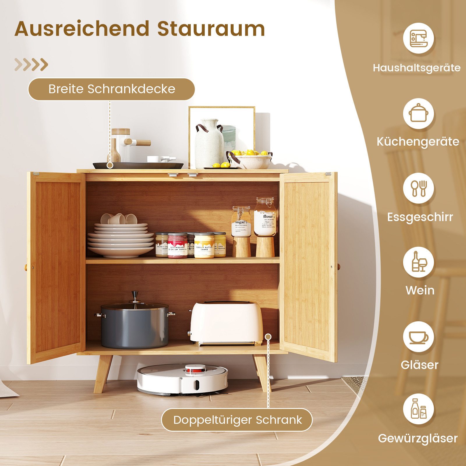 COSTWAY Küchenbuffet Sideboard Küchenschrank mit 2 Rattantüren, Bambus