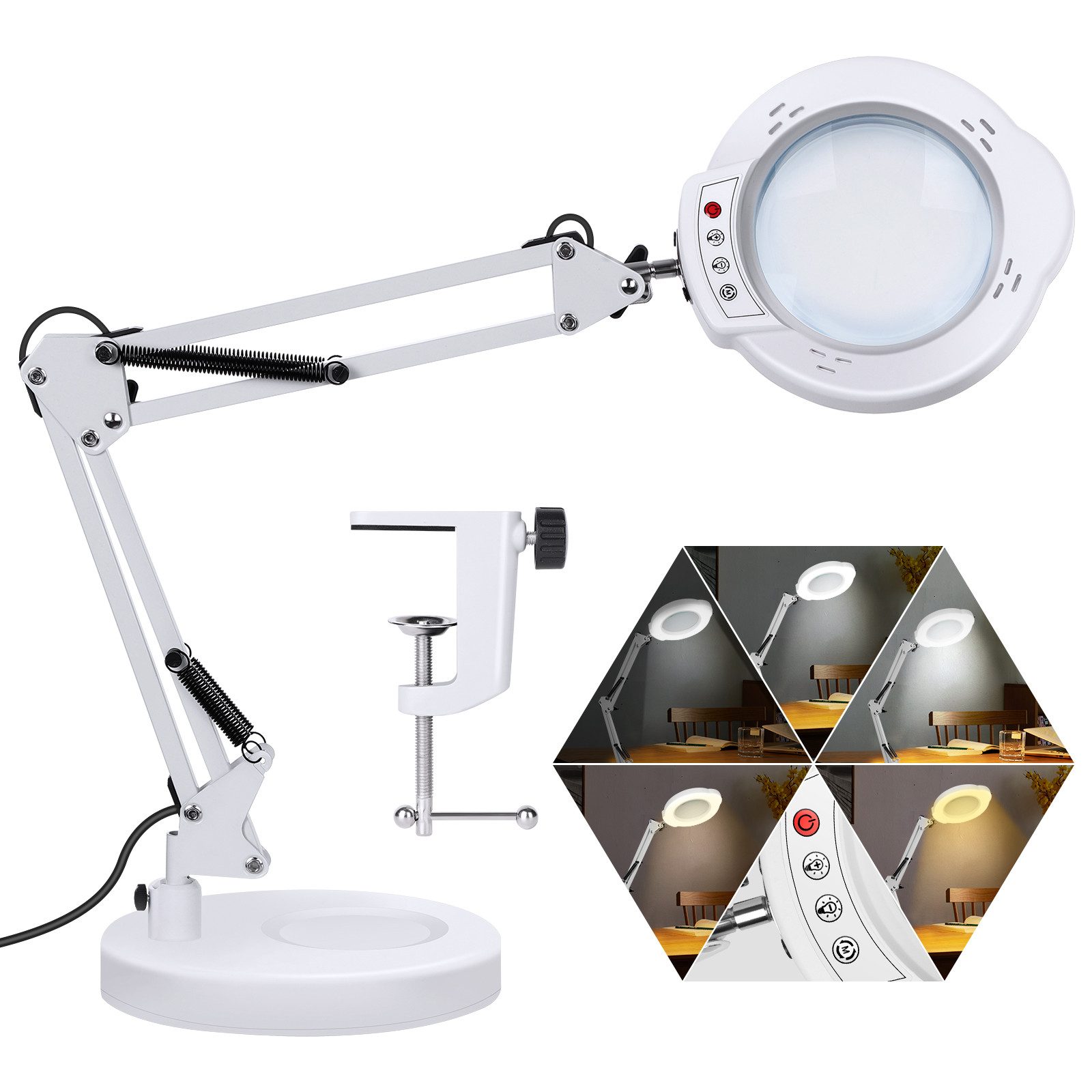 VIVIHEYDAY Lupenlampe 10X LED-Lupenleuchte mit Klemme & Standfuß, LED, 5 Farbmodi Stufenlos Dimmbar