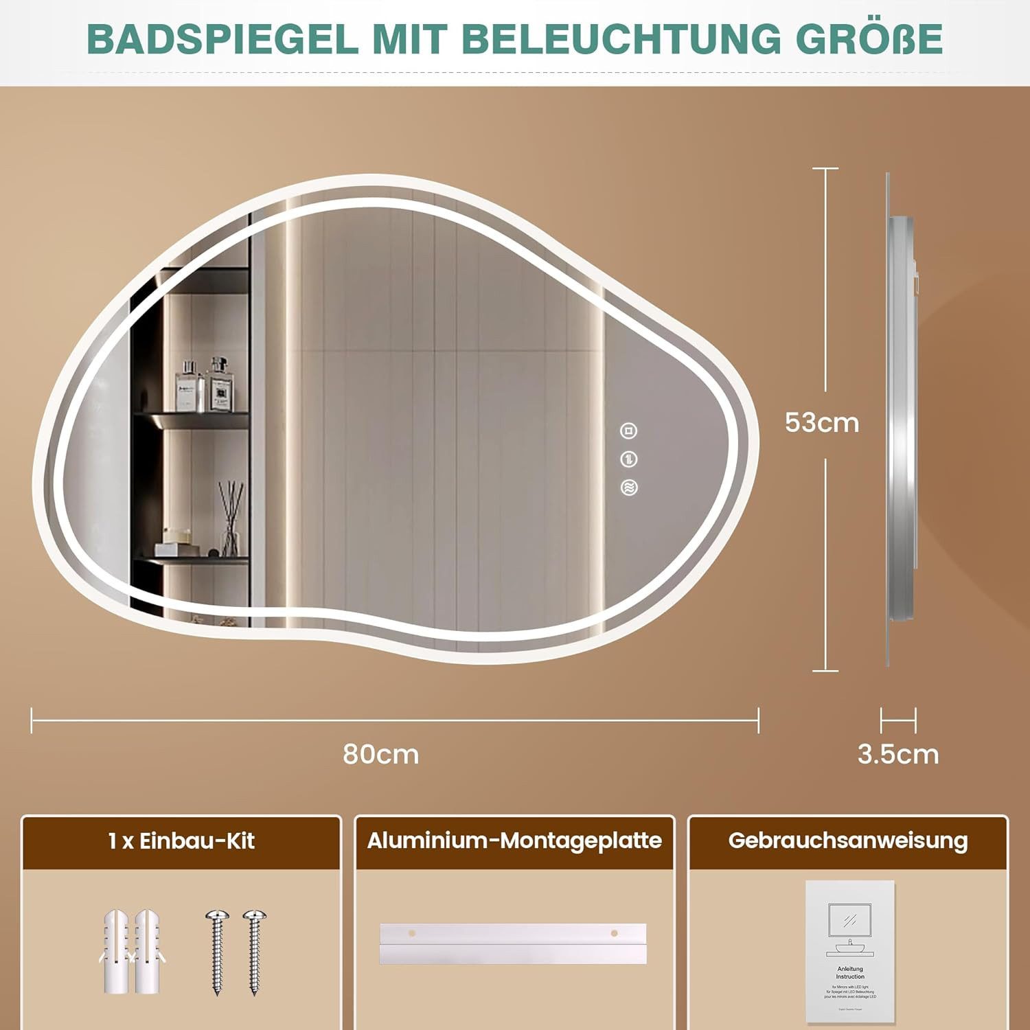 PESENXAN Badspiegel mit Beleuchtung, LED Badezimmerspiegel, 3 Einstellbare Lichtfarben (1-St), Dimmbar, Touch-Schalter, Memory-Funktion, IP44 Wasserfest, 80x53 cm