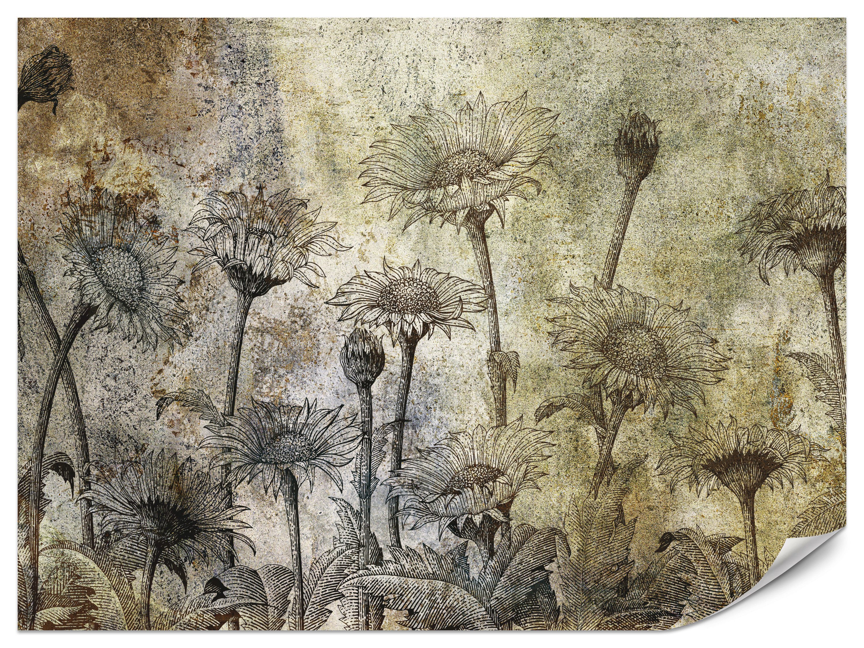 Muralo Fototapete Vliestapete - Gezeichnete Blumen auf strukturierter Vintage-Oberfläche, Glatt, Grafisch, (Packung, 1 St., 100x70 cm), Kleber im Set, 3D-Optik, Wohnzimmer-Dekoration