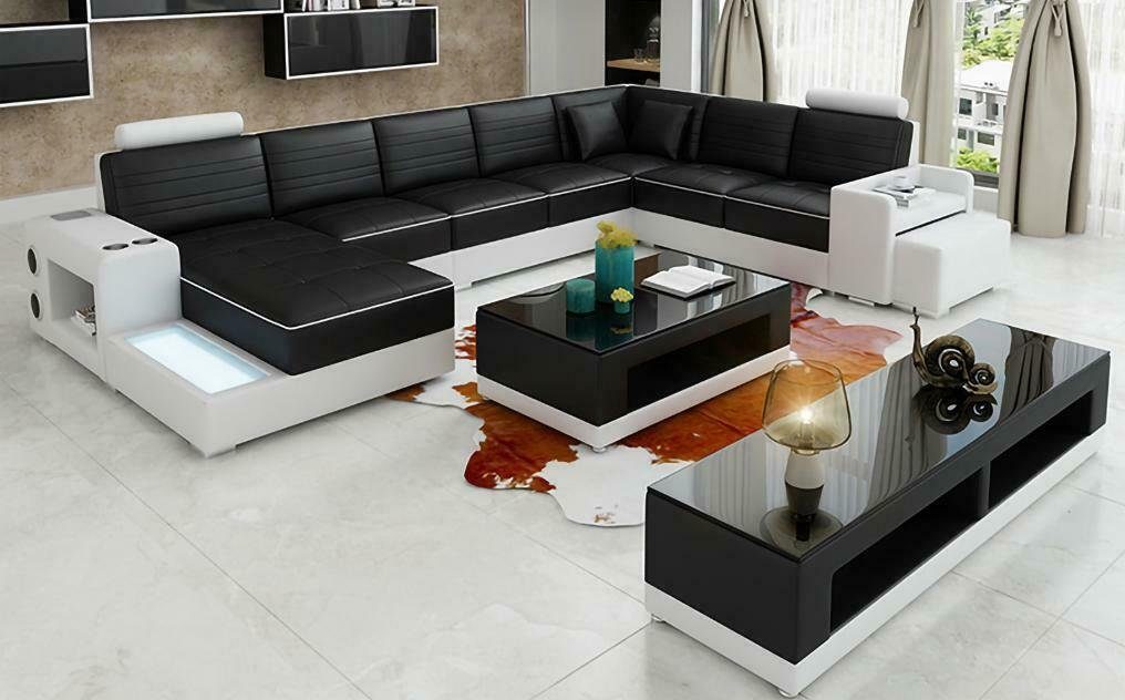 JVmoebel Ecksofa, Ecksofa U-Form Sideboard Couchtisch Couch Design Schwarz Polster