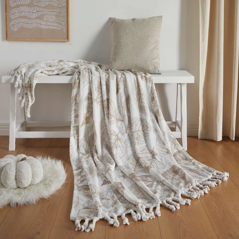 Wohndecke Kuscheldecke Blätter Weich Fransen 140 x 200 Weiß Decke Wohnzimmer, Home-trends24.de, Extra weich – Bild 2 von 4