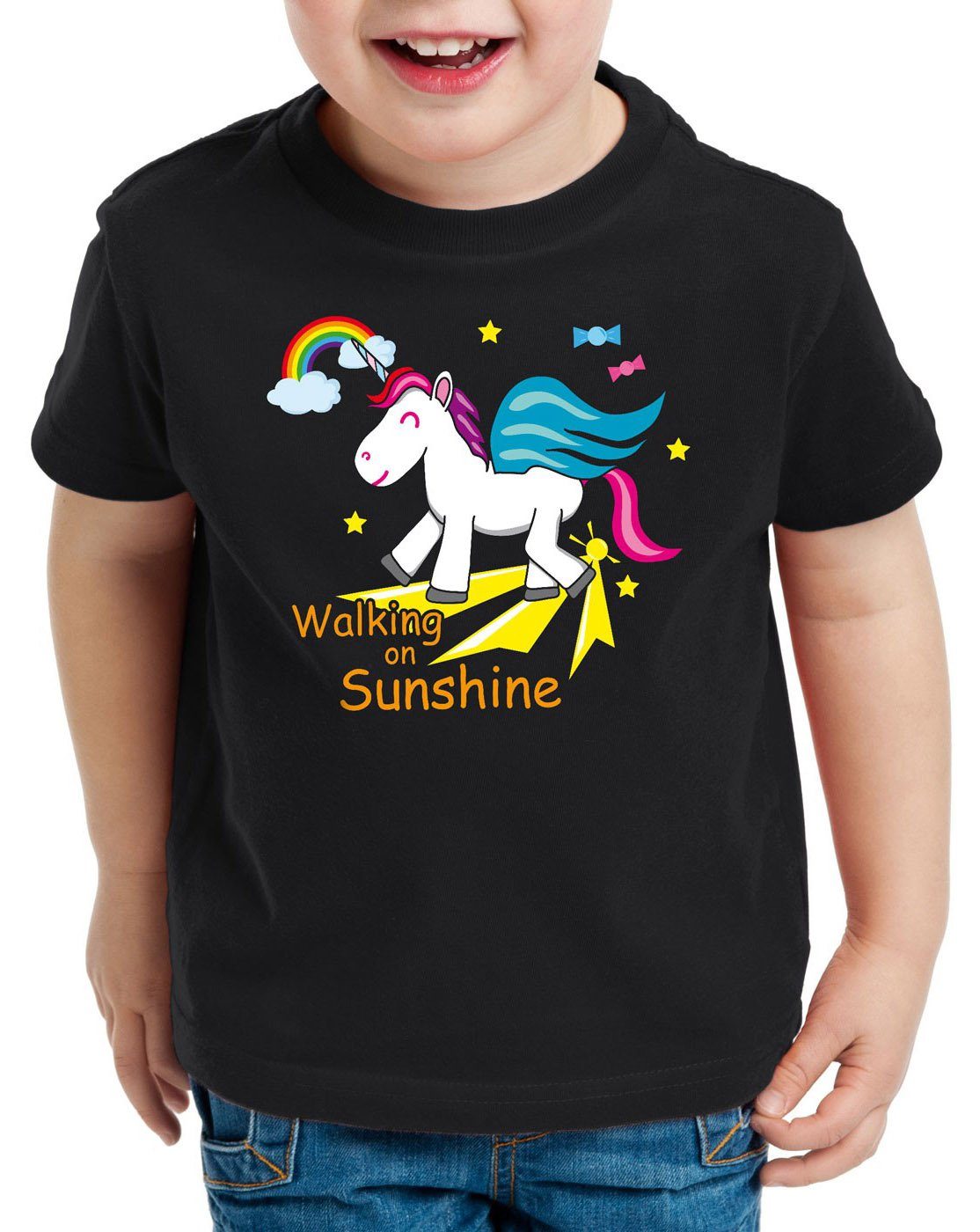 style3 Print-Shirt Kinder T-Shirt Unicorn Walking on Sunshine Einhorn Regenbogen Fun Spruch schwarz