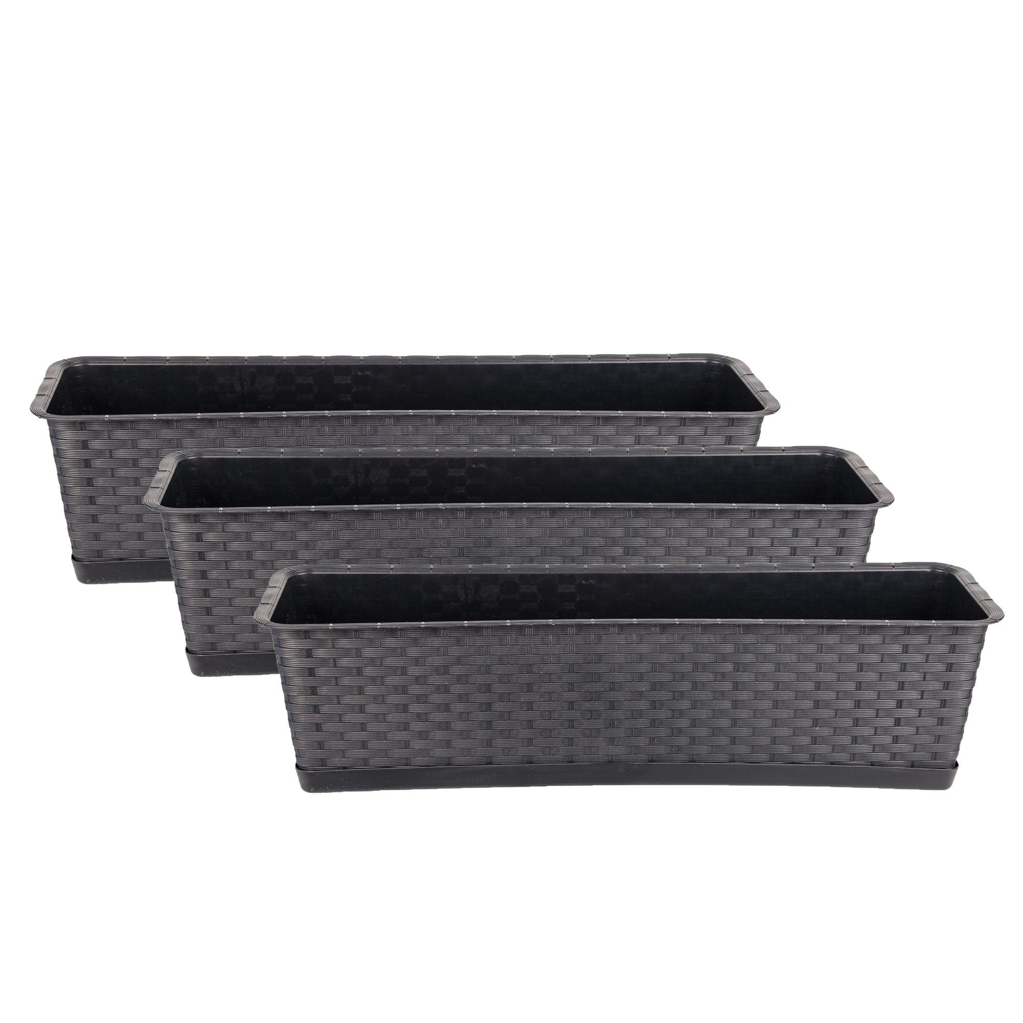 BigDean Blumenkasten 3er Set Pflanzkasten mit Untersetzer 60 cm lang Rattan-Optik anthrazit (Set, 3 St., Balkonpflanzkasten), Balkonpflanzkasten, Rattan-Optik, Mit Untersetzer, Robust