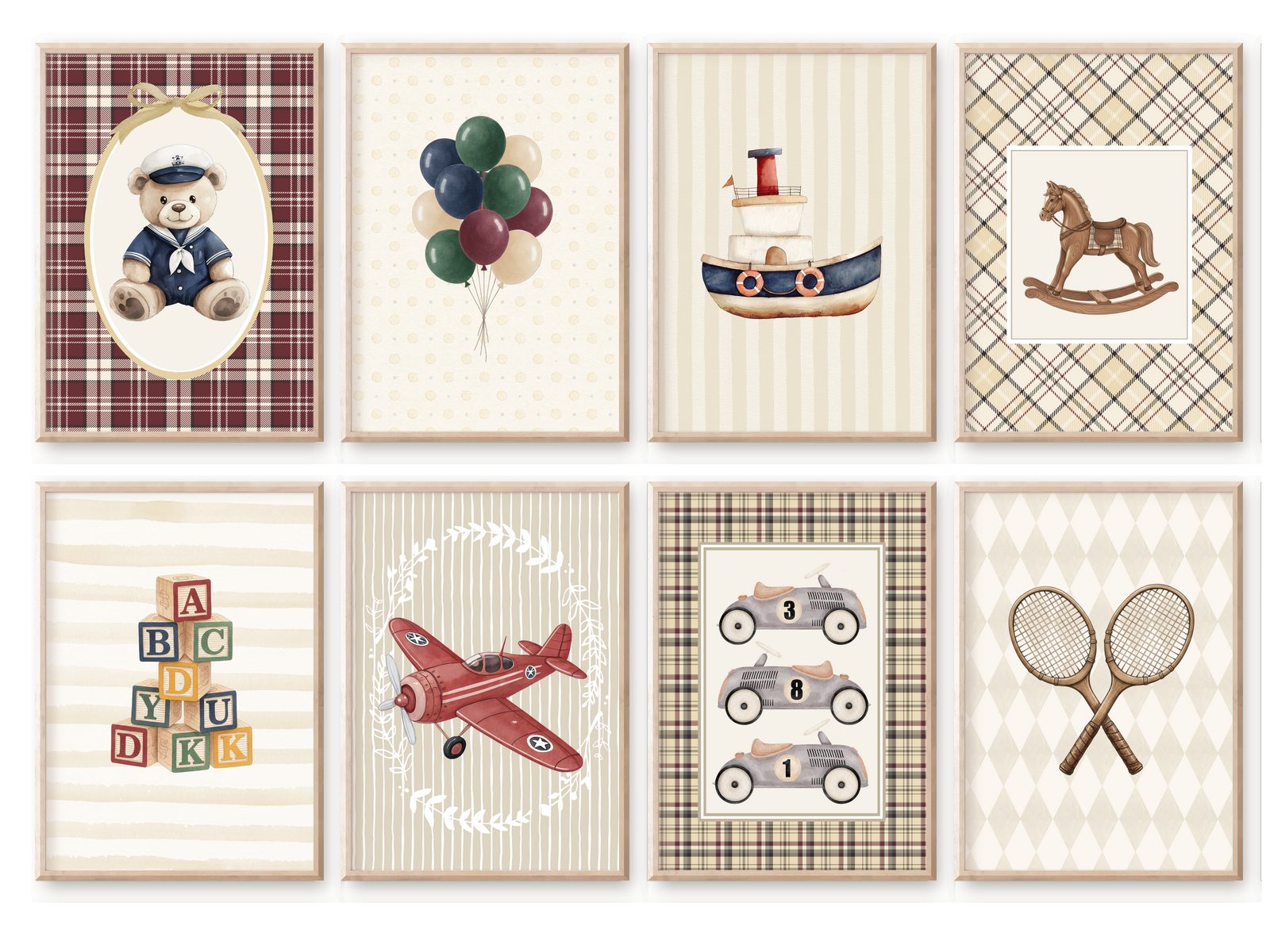 homestyle-accessoires Mehrteilige Bilder Kinderzimmer Bilderwand 8erSet Bilderset Babyzimmer TEDDY NOSTALGIE, Hochformat, Künstlerpapier, ohne Rahmen