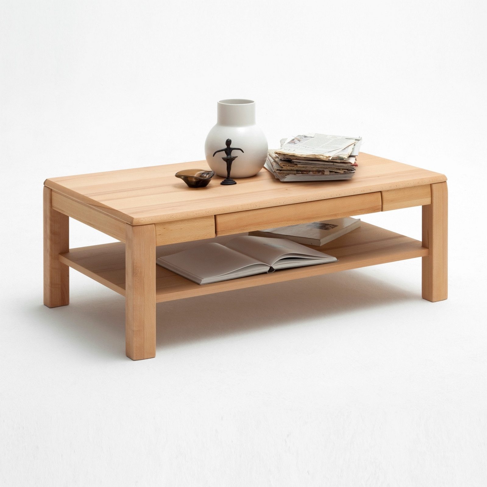 Empinio24 Couchtisch Sanremo, Breite 115 cm, mit Ablage und Schubkasten, Kernbuche teilmassiv geölt