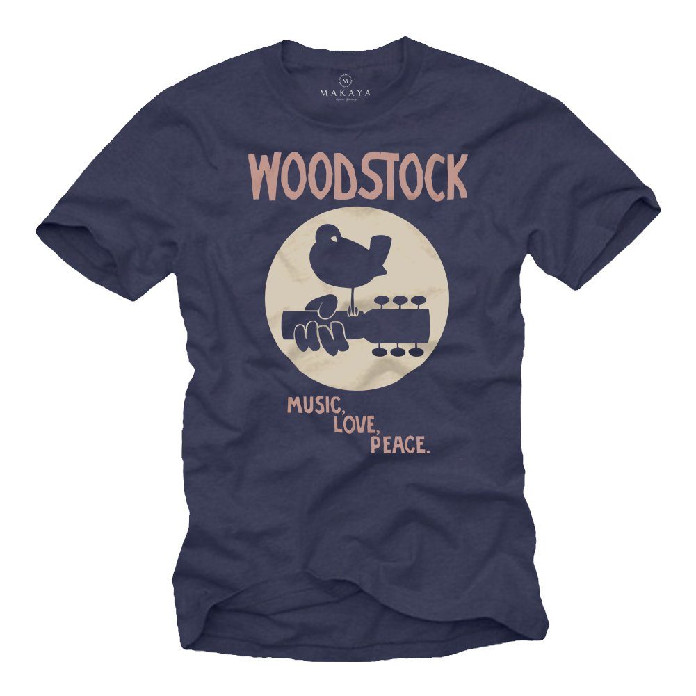T-Shirt Baumwolle Musik Woodstock Musiker Herren 80er aus Geschenke MAKAYA mit Blau Druck, 60er Motiv 70er Jahre