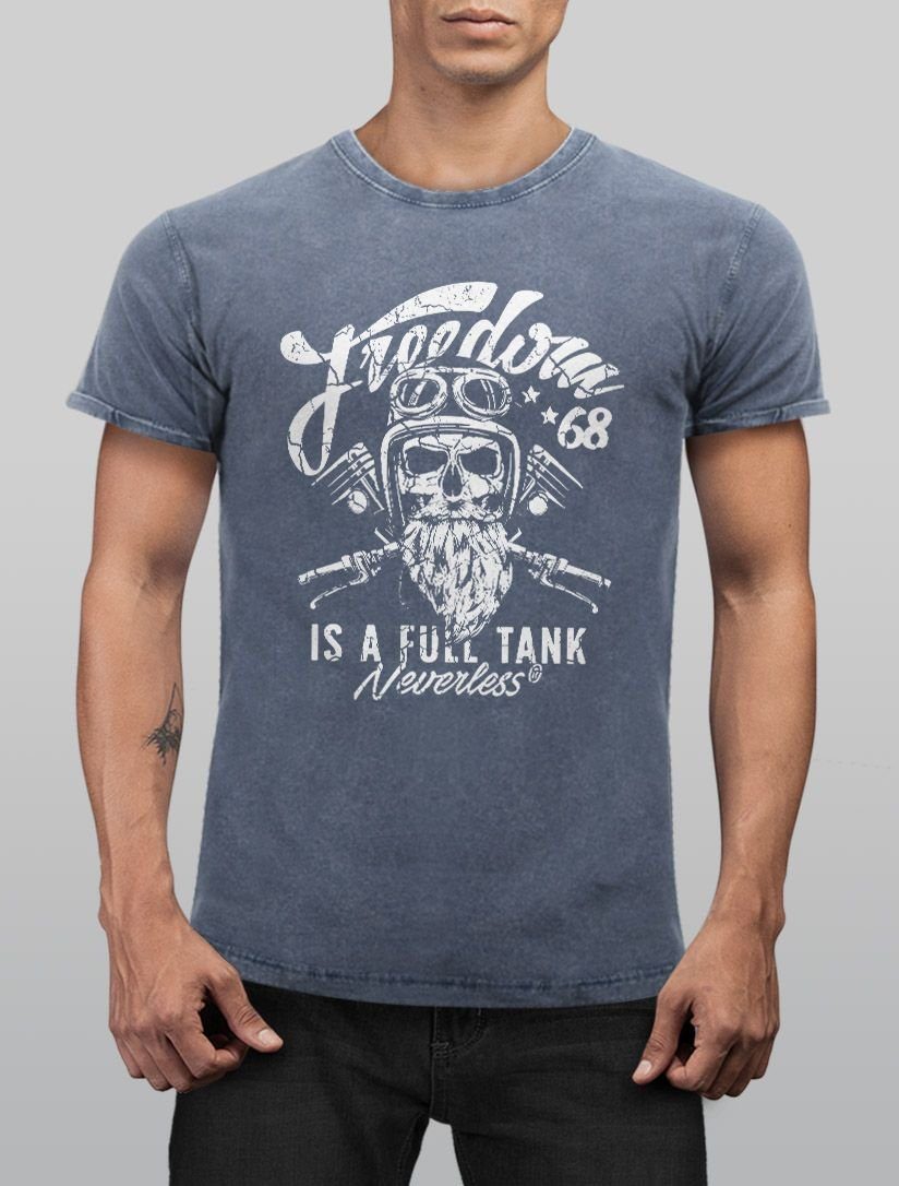 T-Shirt Neverless® Herren mit Print Neverless Vintage Slim Totenkopf Motiv Used blau Spruch Look Cooles Angesagtes Aufdruck Fit Biker Shirt Print-Shirt