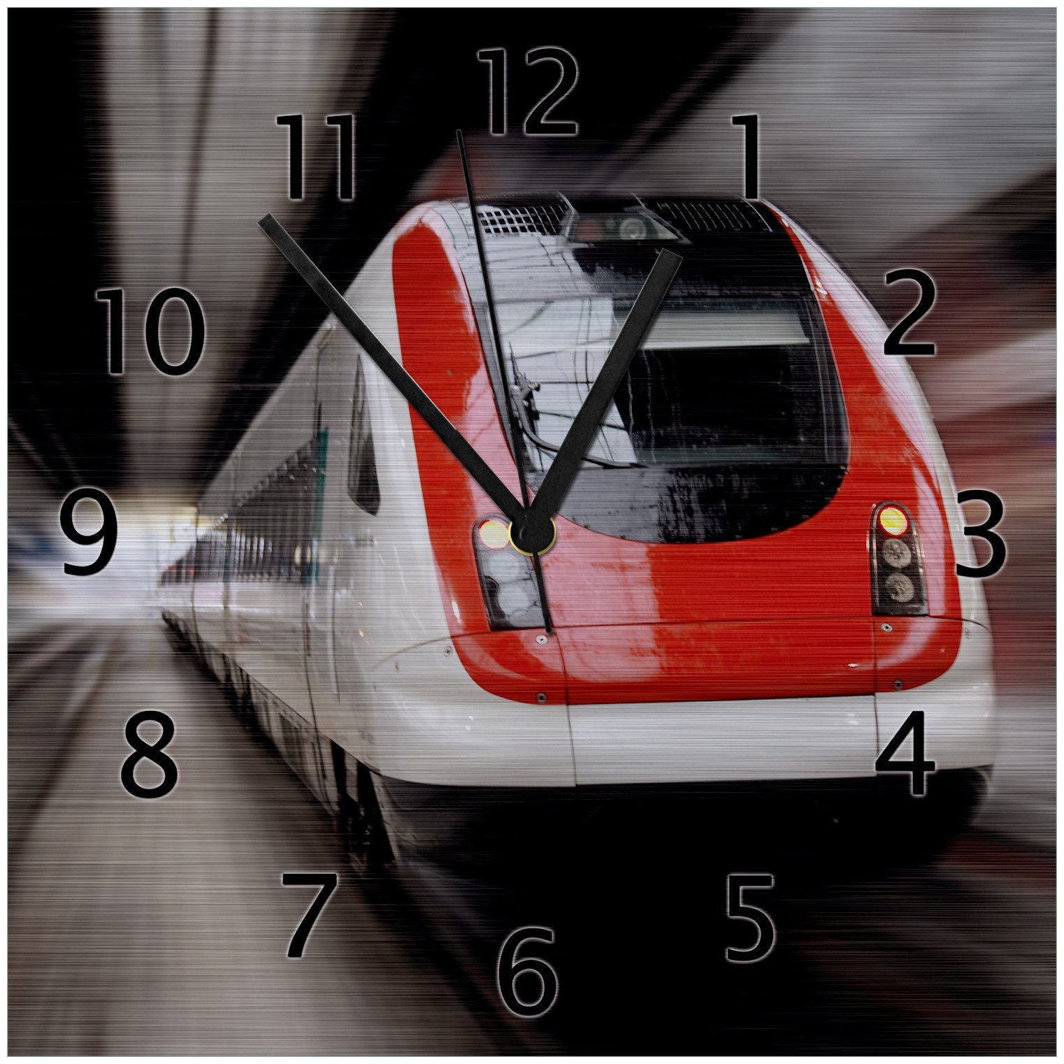 Wallario Wanduhr Fahrender Zug von vorn in rot- Perspektive von vorn (Aluverbunduhr)
