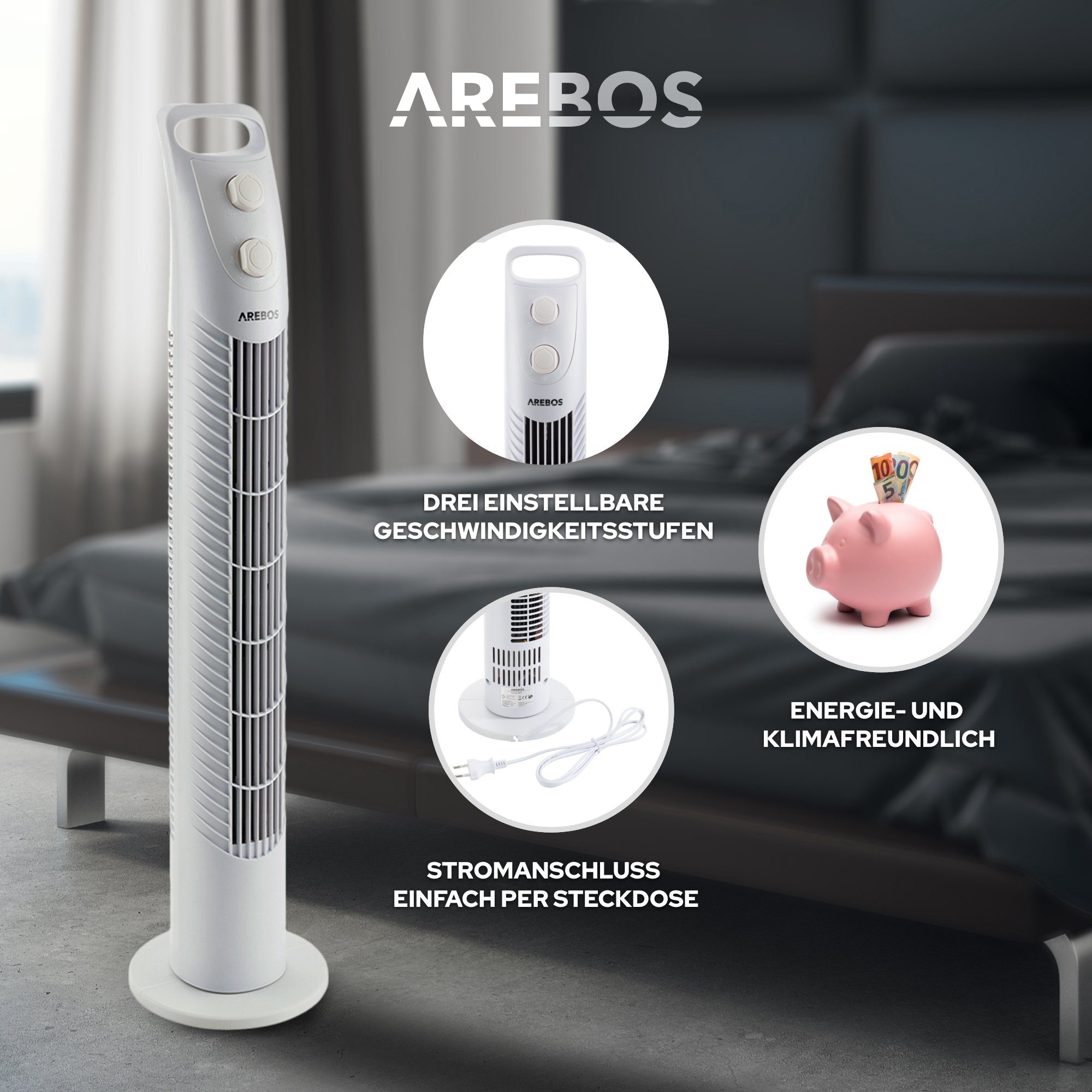Arebos Turmventilator mit Timer, Weiß 75°-Oszillation, 40 cm 78,00 Watt, Durchmesser